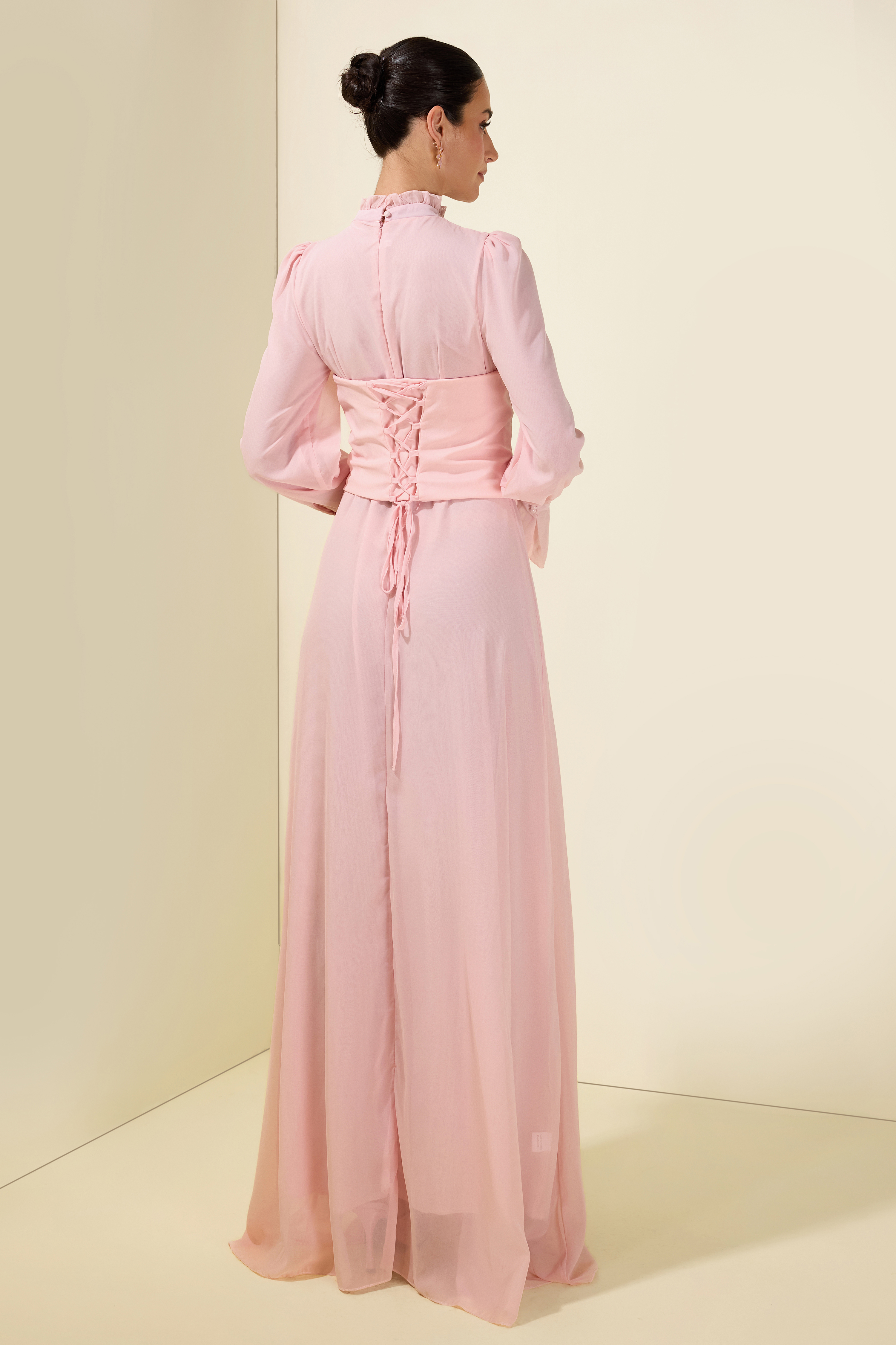Stand Collar Puff Sleeve Removable Corset Midi Dress
