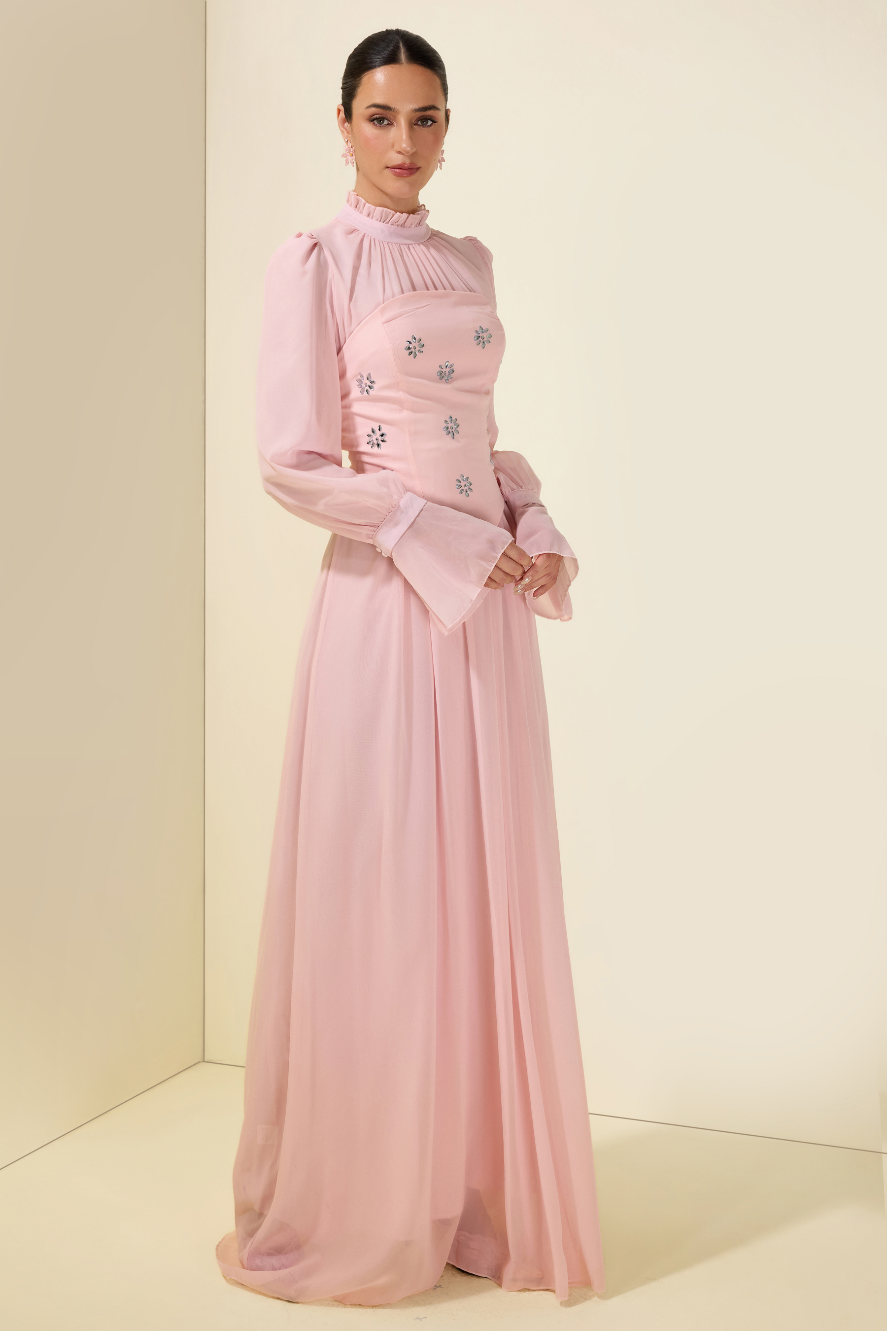 Stand Collar Puff Sleeve Removable Corset Midi Dress