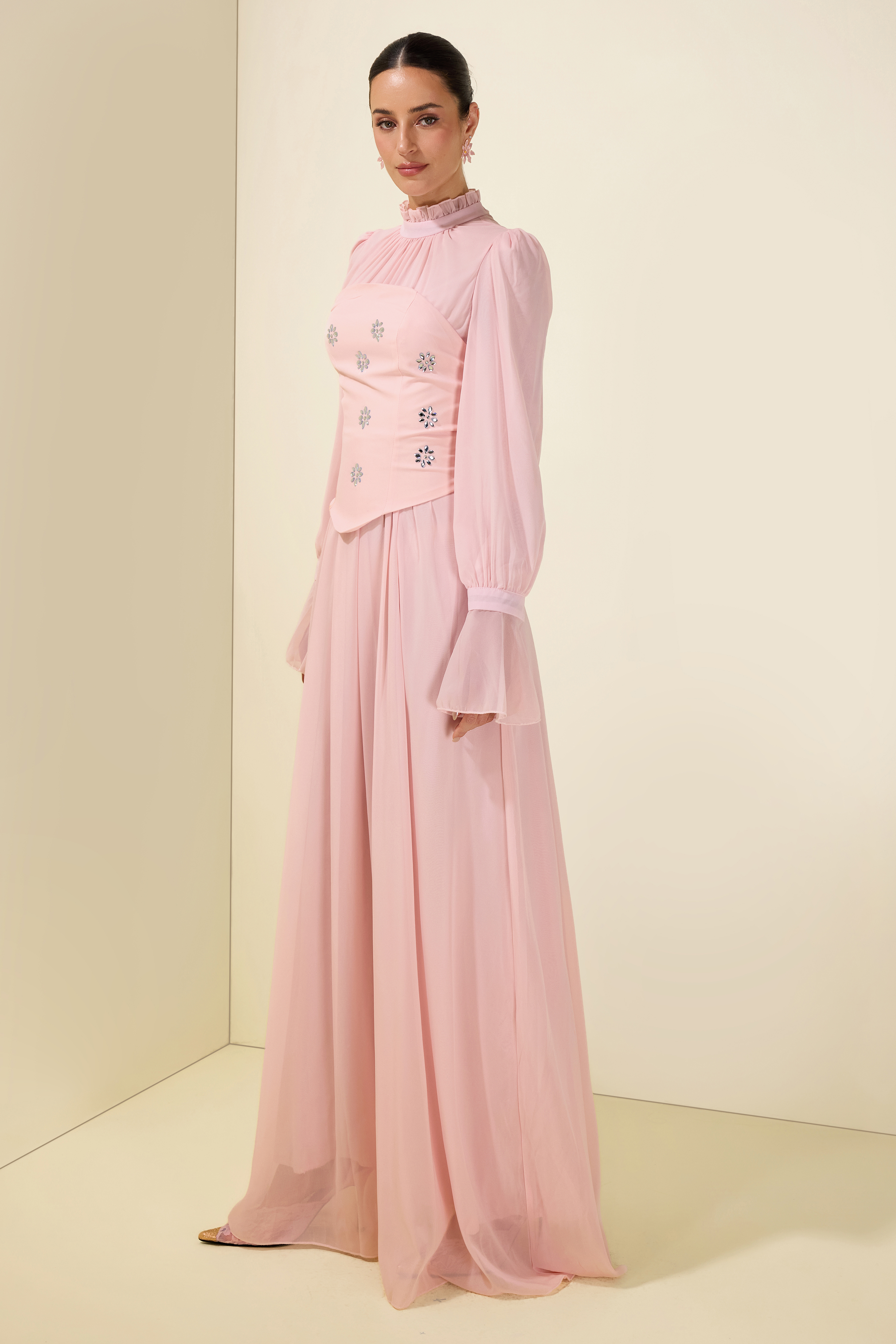 Stand Collar Puff Sleeve Removable Corset Midi Dress