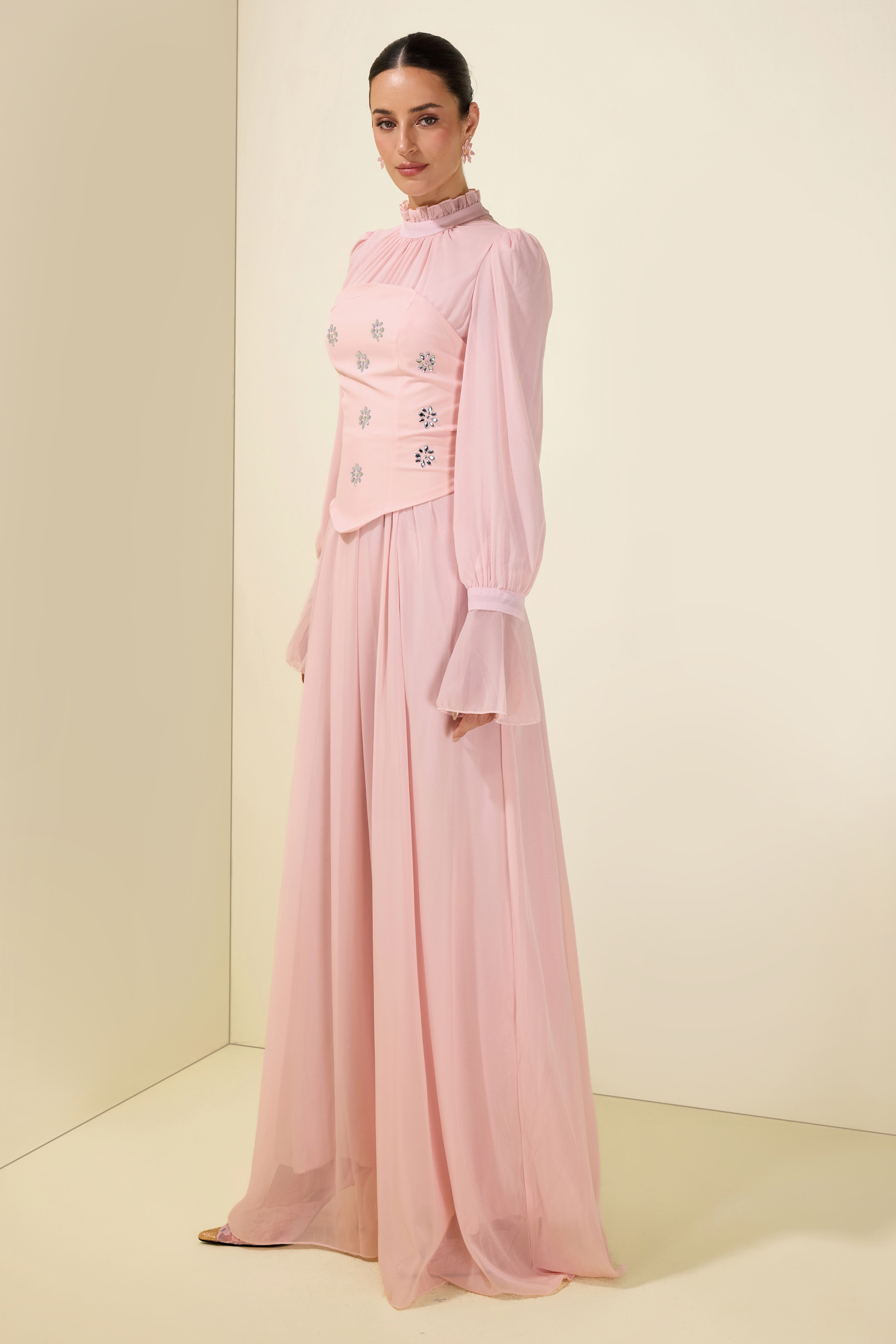 Stand Collar Puff Sleeve Removable Corset Midi Dress