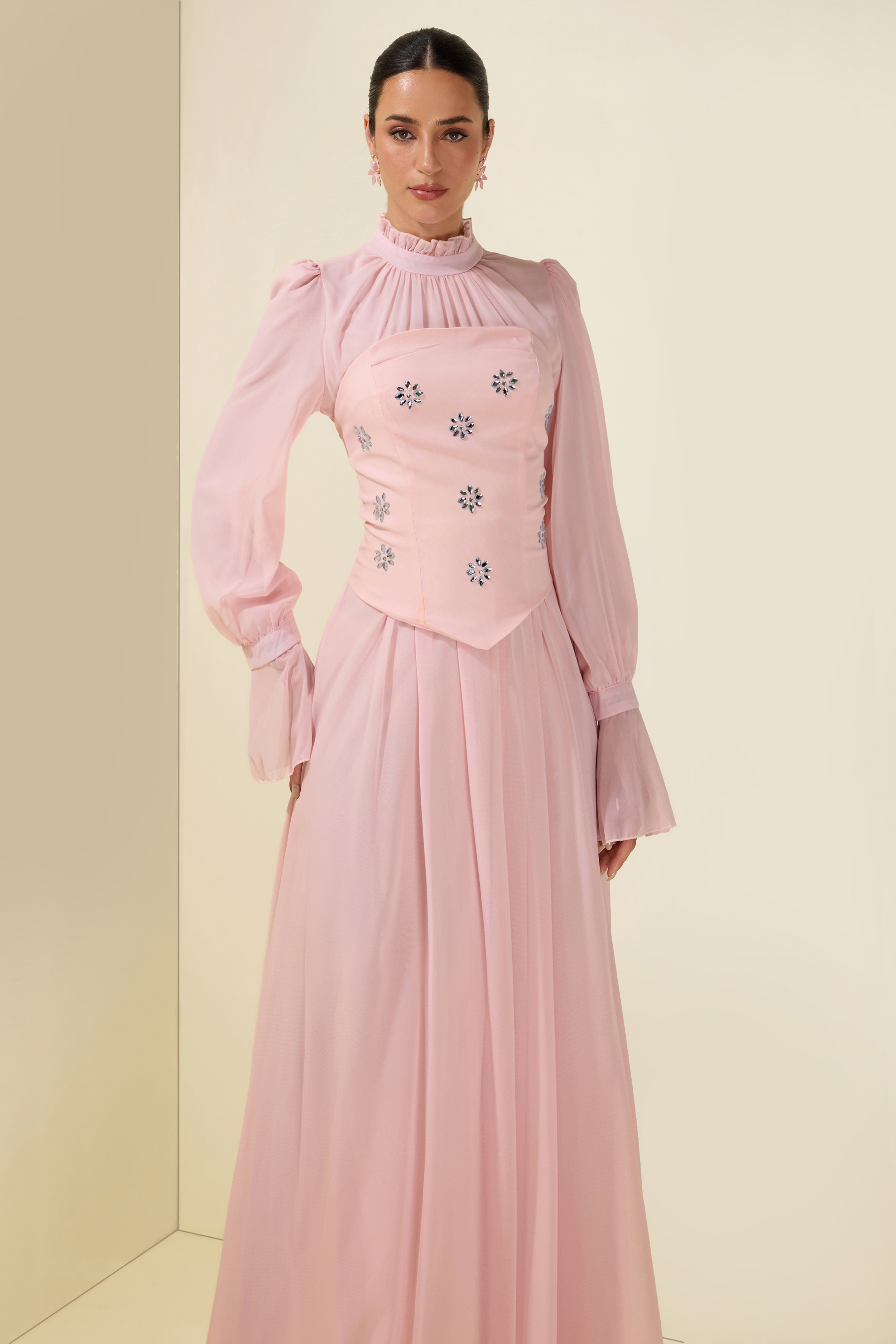 Stand Collar Puff Sleeve Removable Corset Midi Dress