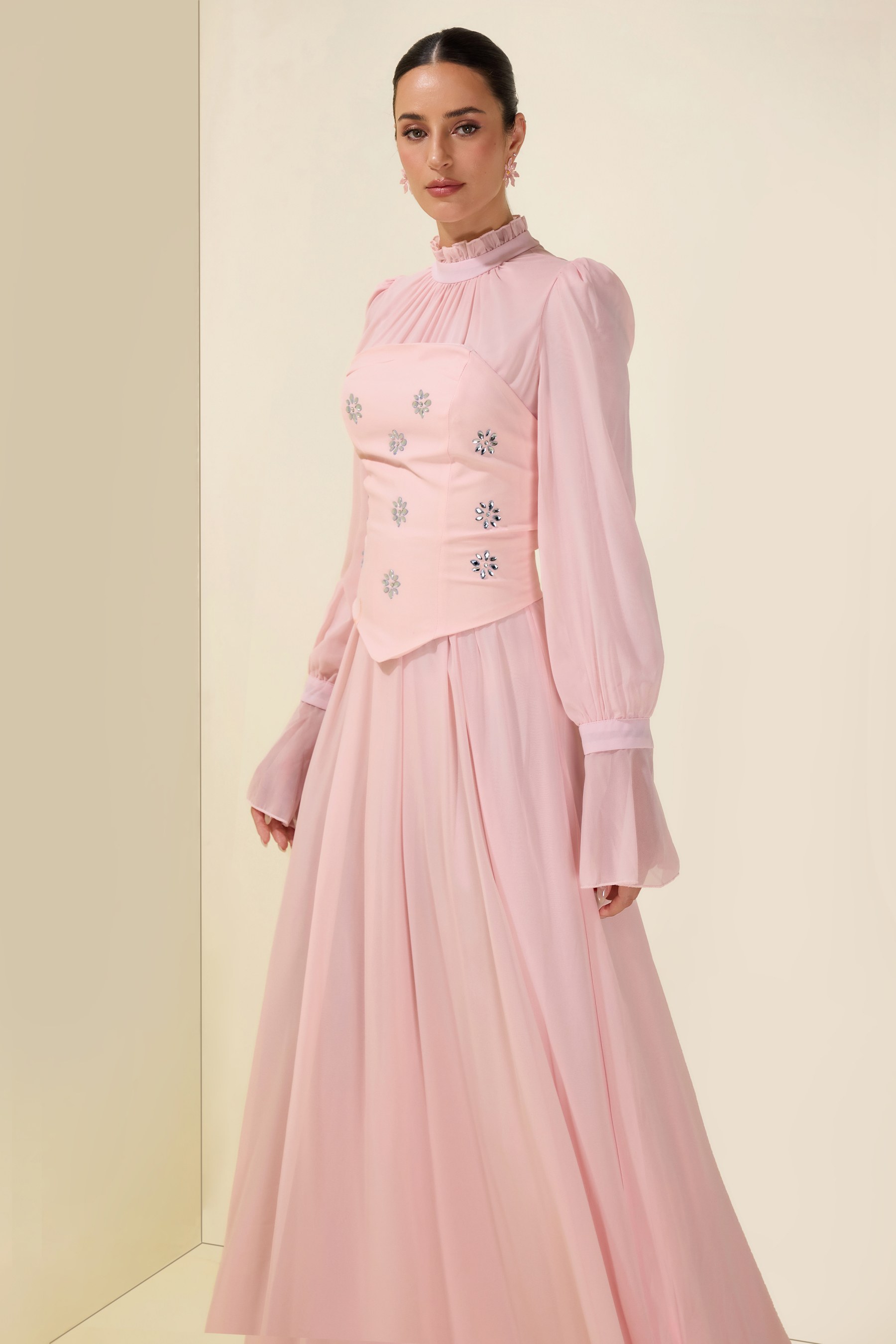 Stand Collar Puff Sleeve Removable Corset Midi Dress