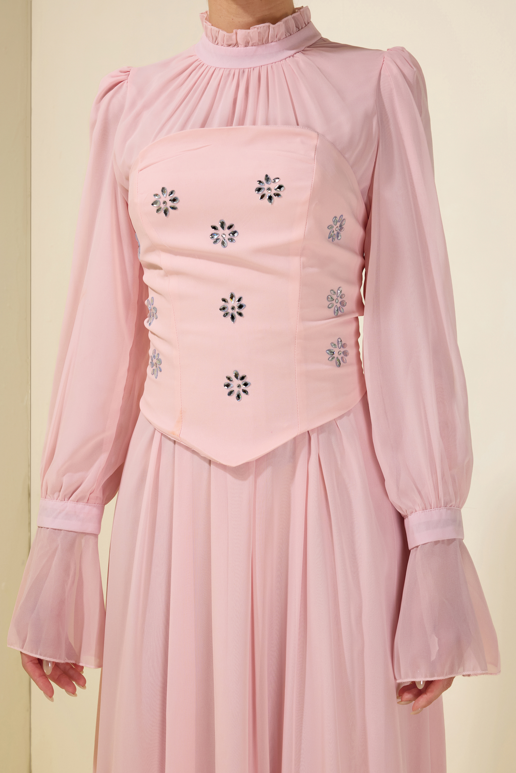 Stand Collar Puff Sleeve Removable Corset Midi Dress