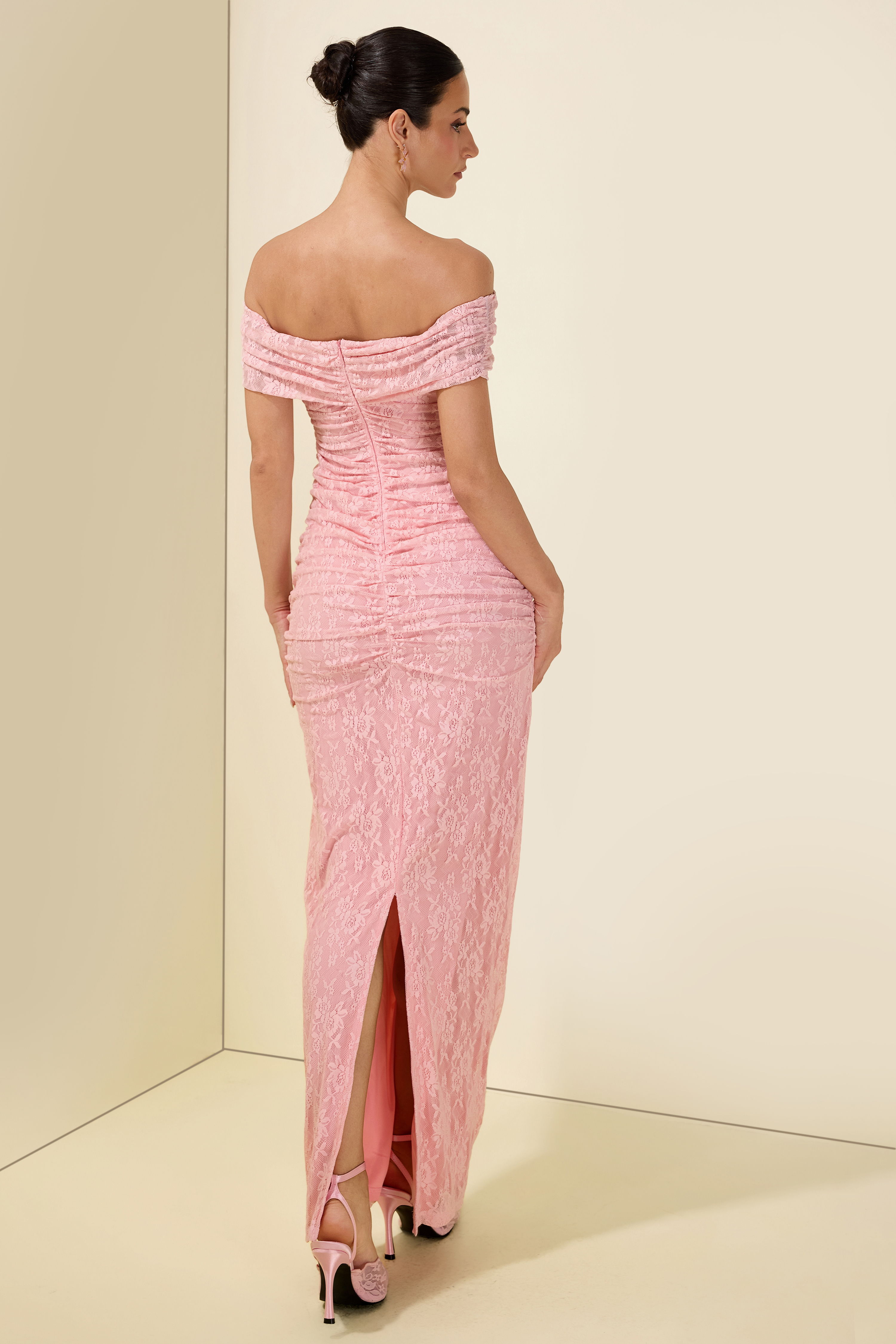 Lace Off Shoulder Gathering Midi Dress