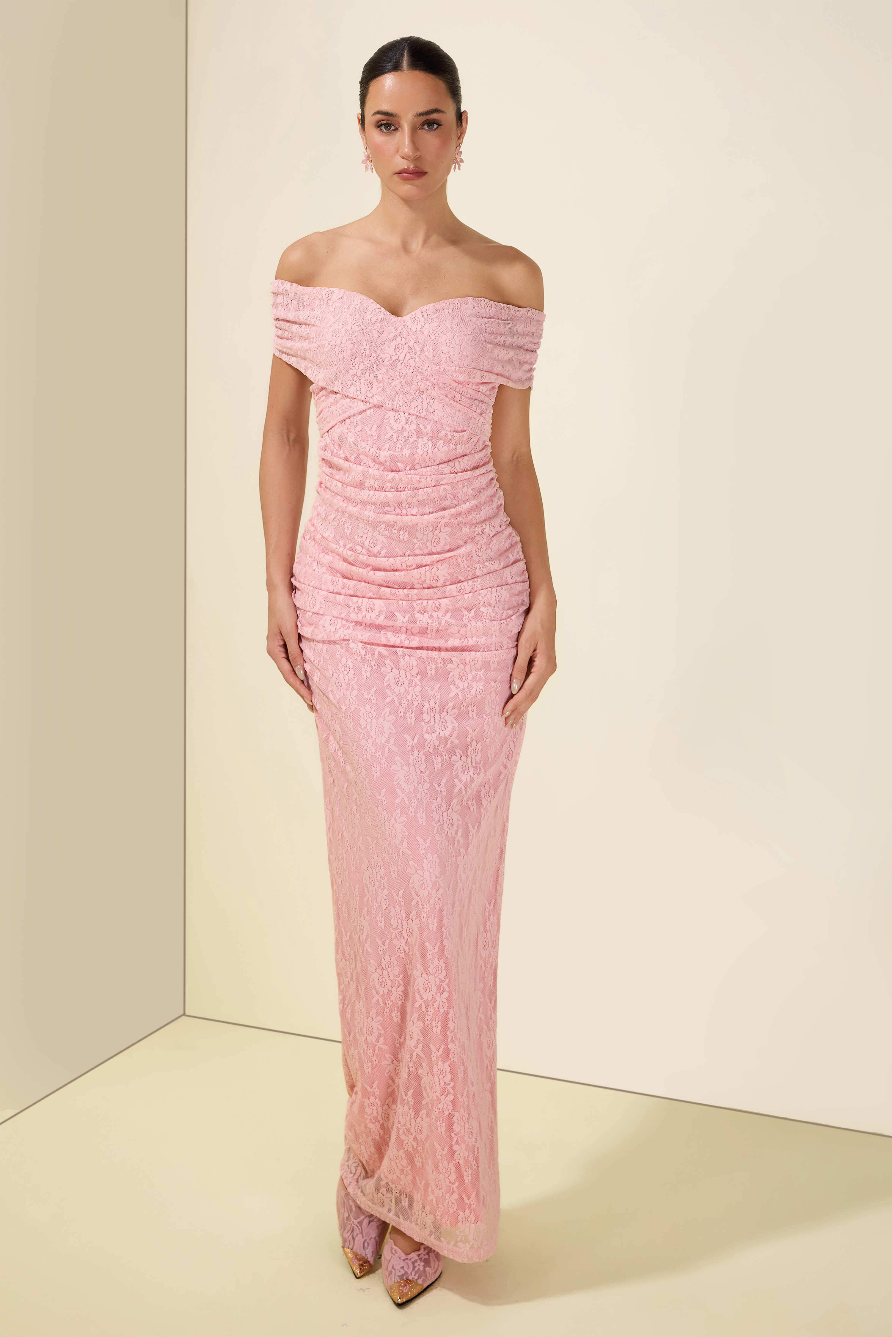 Lace Off Shoulder Gathering Midi Dress