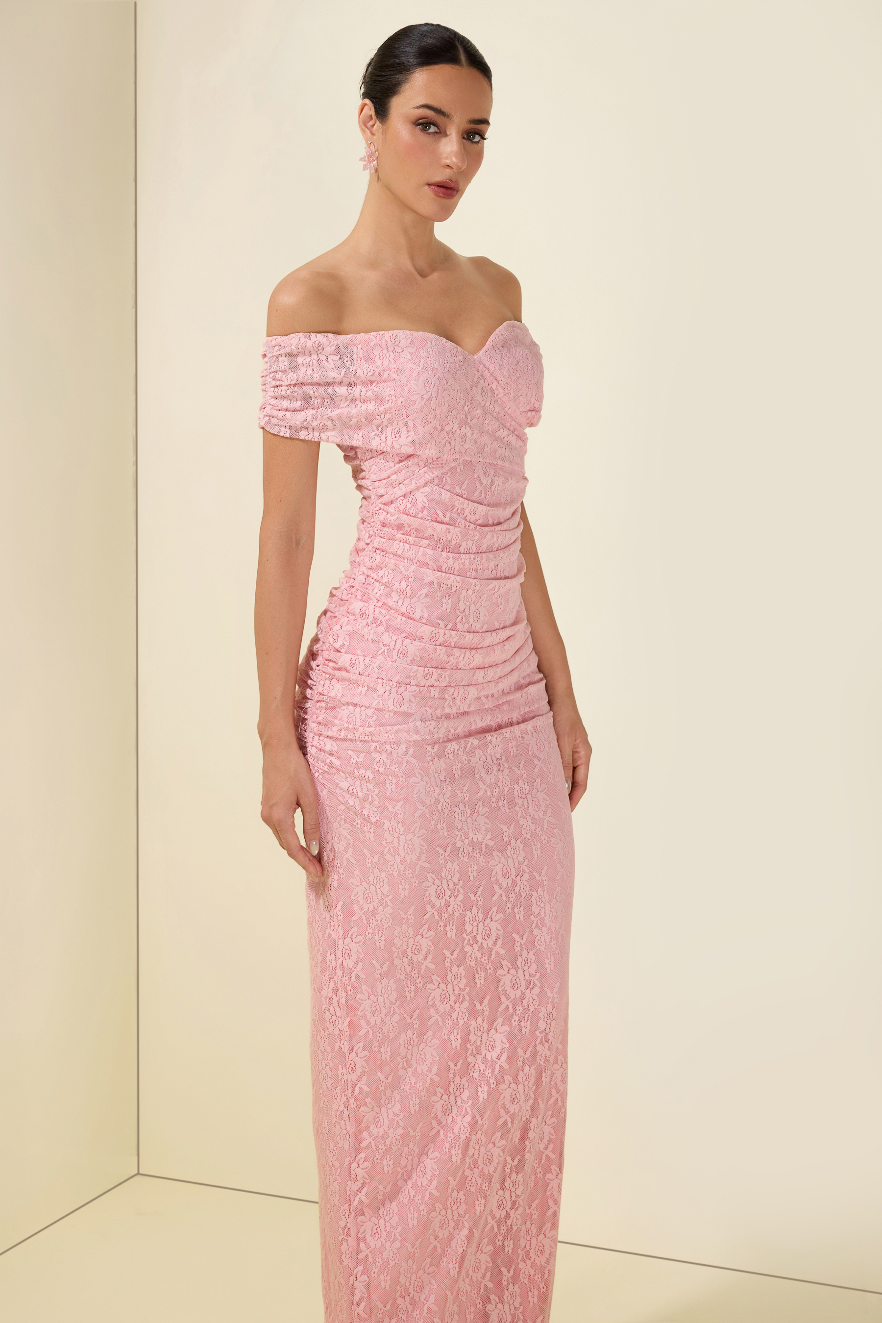 Lace Off Shoulder Gathering Midi Dress