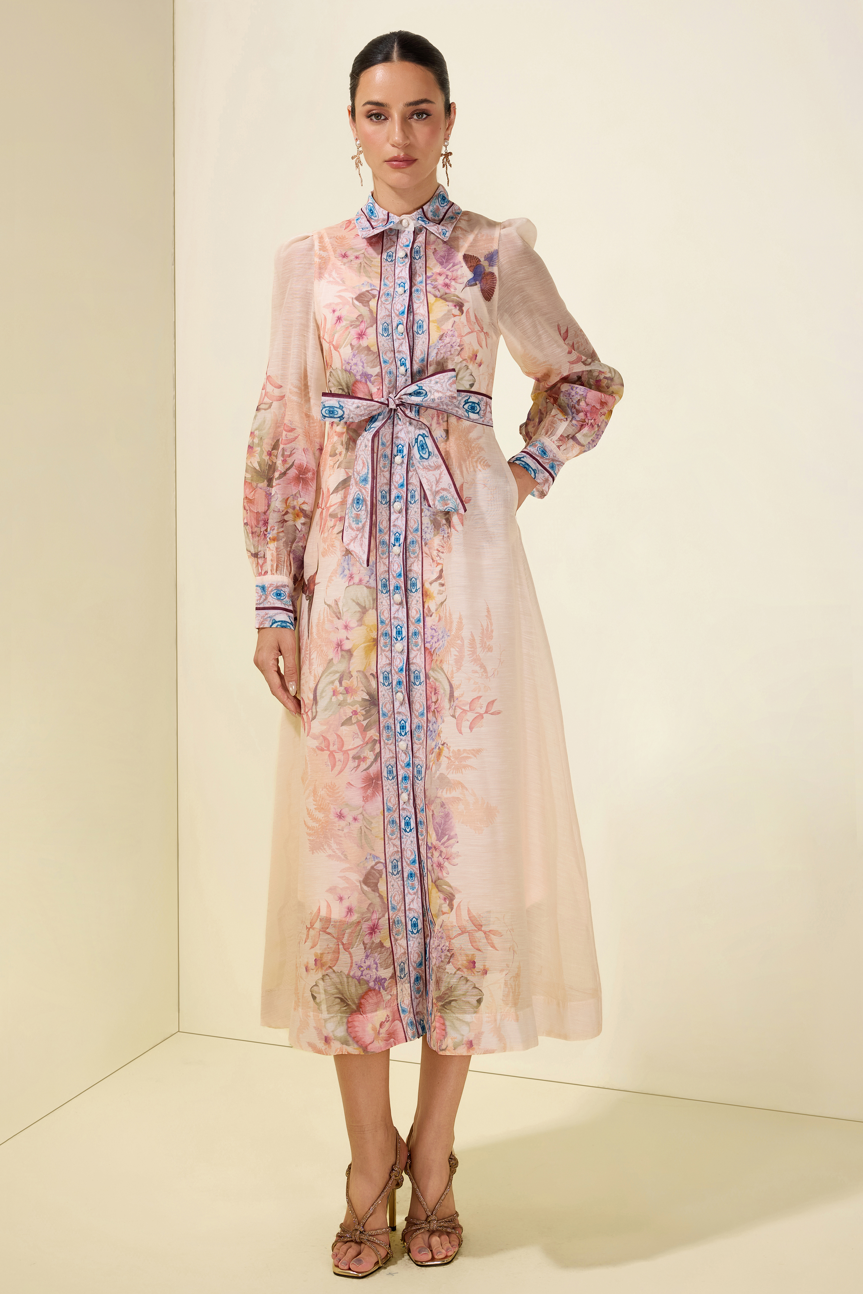 Floral Single Breasted Long Sleeve Midi Dress