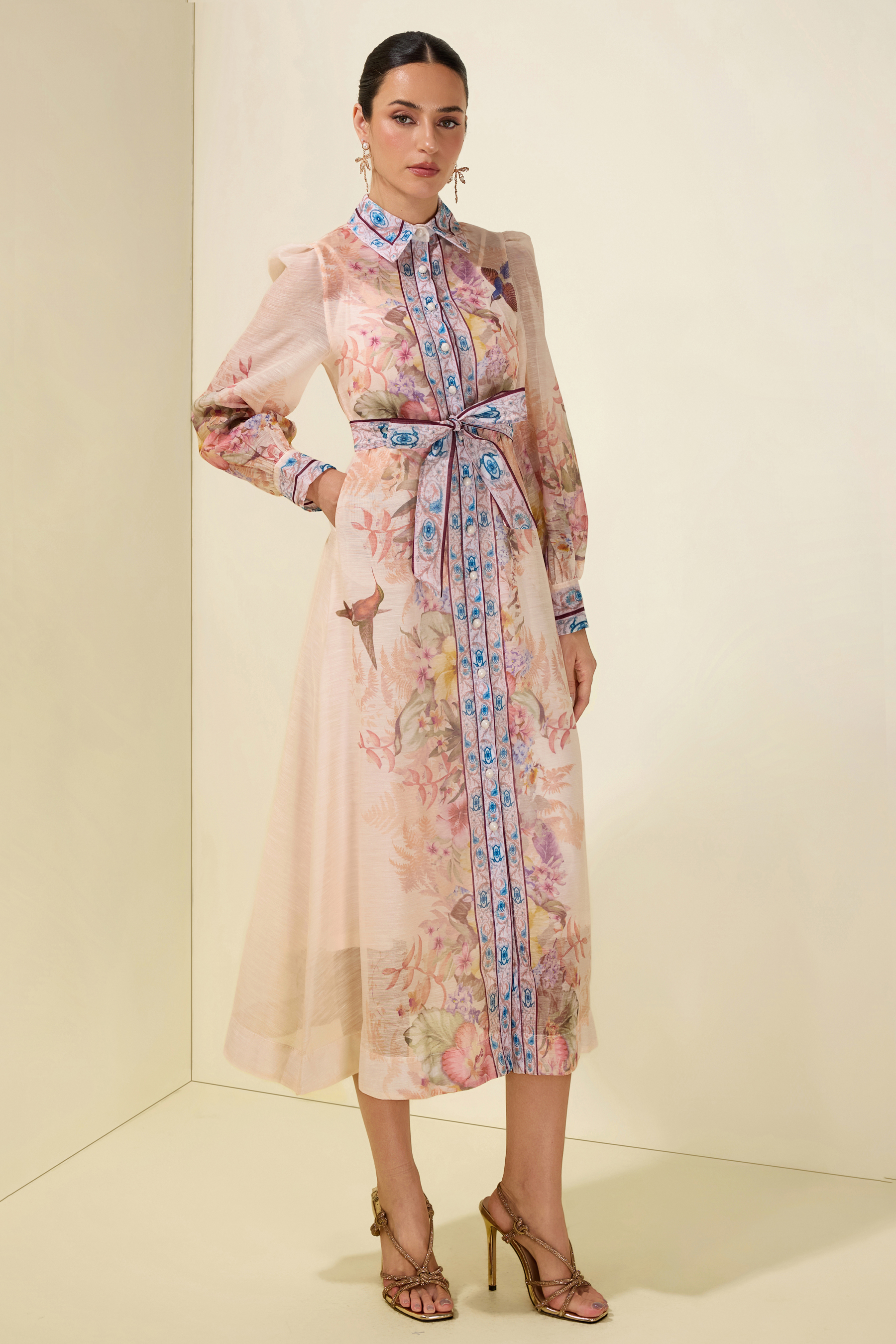 Floral Single Breasted Long Sleeve Midi Dress