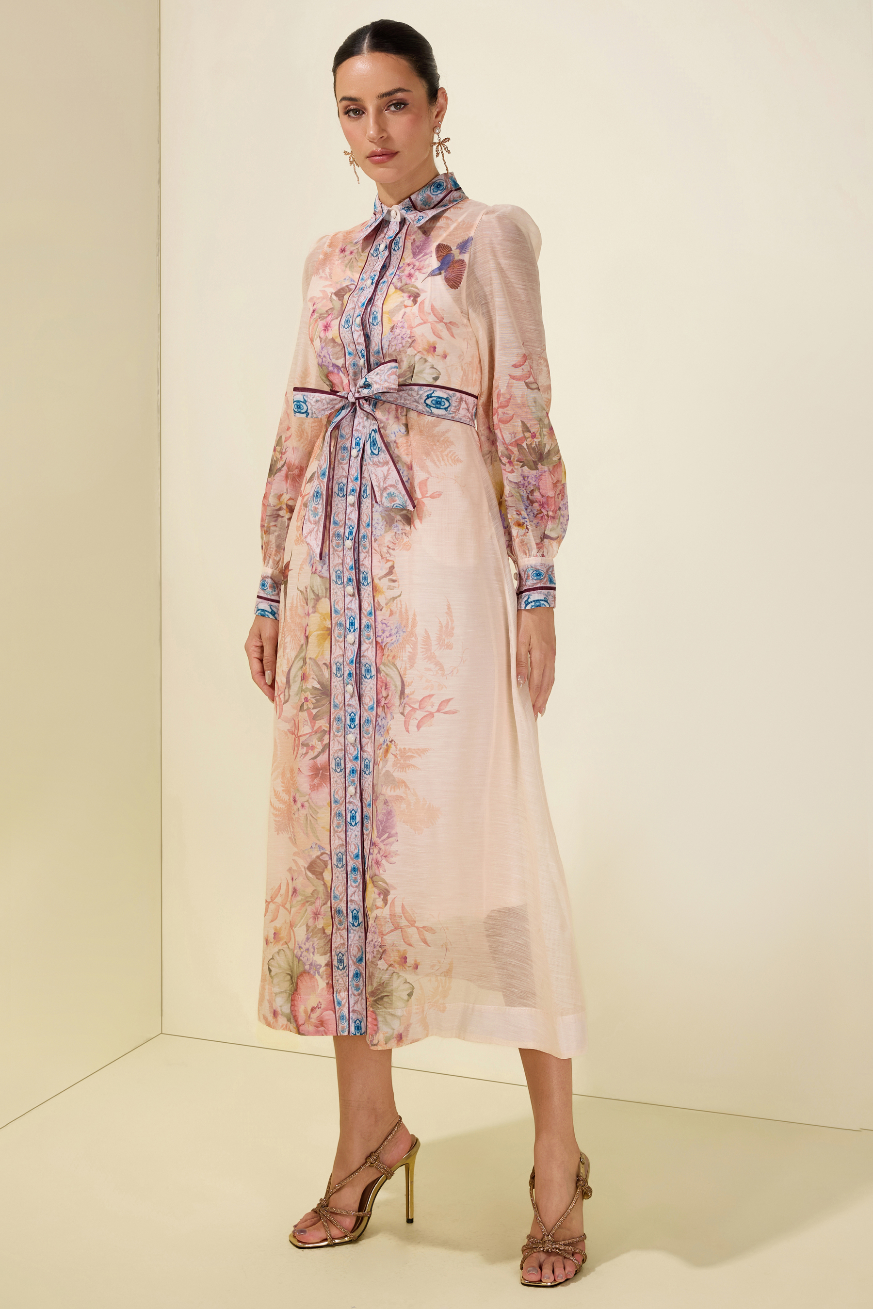 Floral Single Breasted Long Sleeve Midi Dress