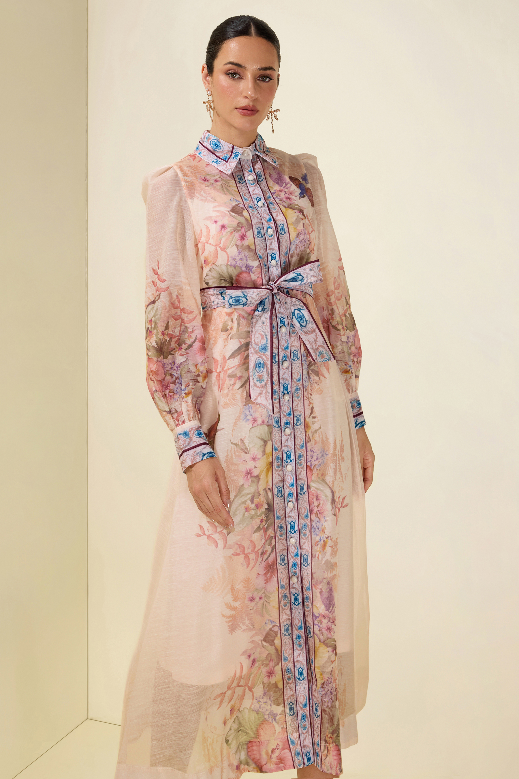 Floral Single Breasted Long Sleeve Midi Dress