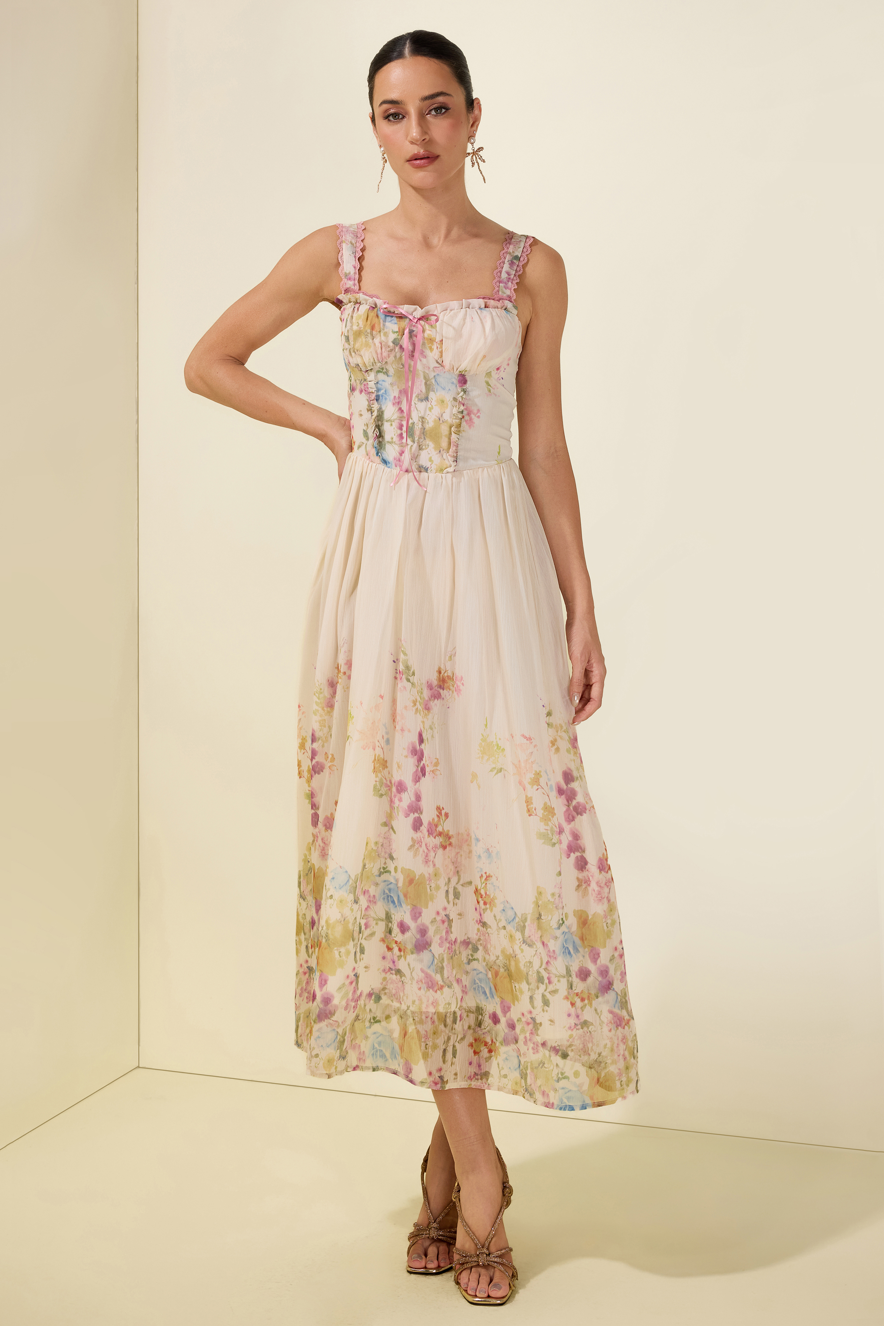 Floral Sleeveless Frill Midi Dress