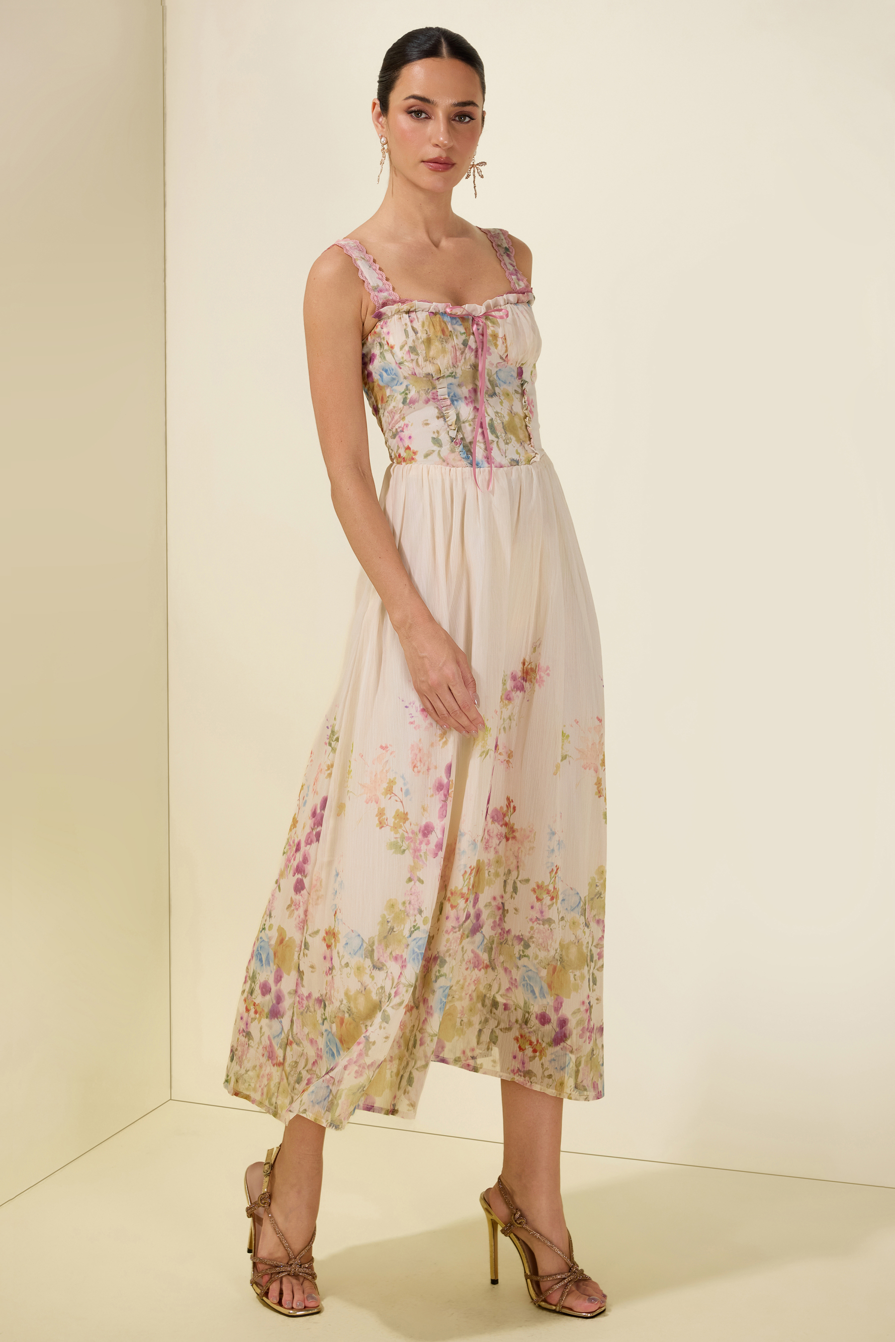 Floral Sleeveless Frill Midi Dress