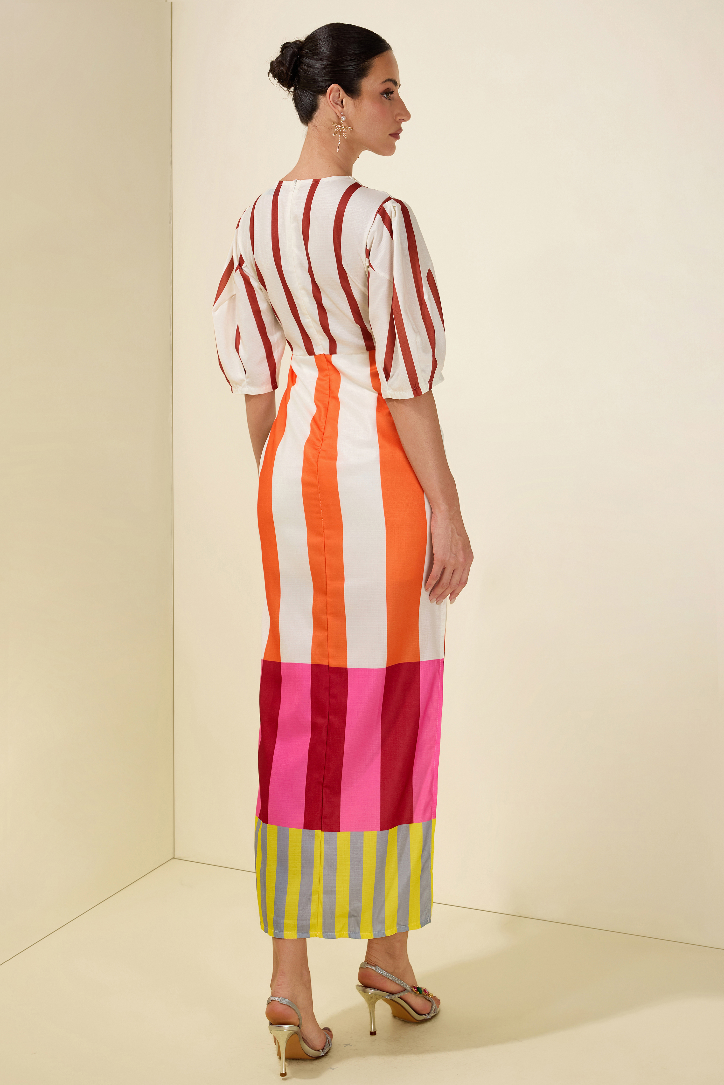 Stripe Knotted Mid Sleeve Midi Dress