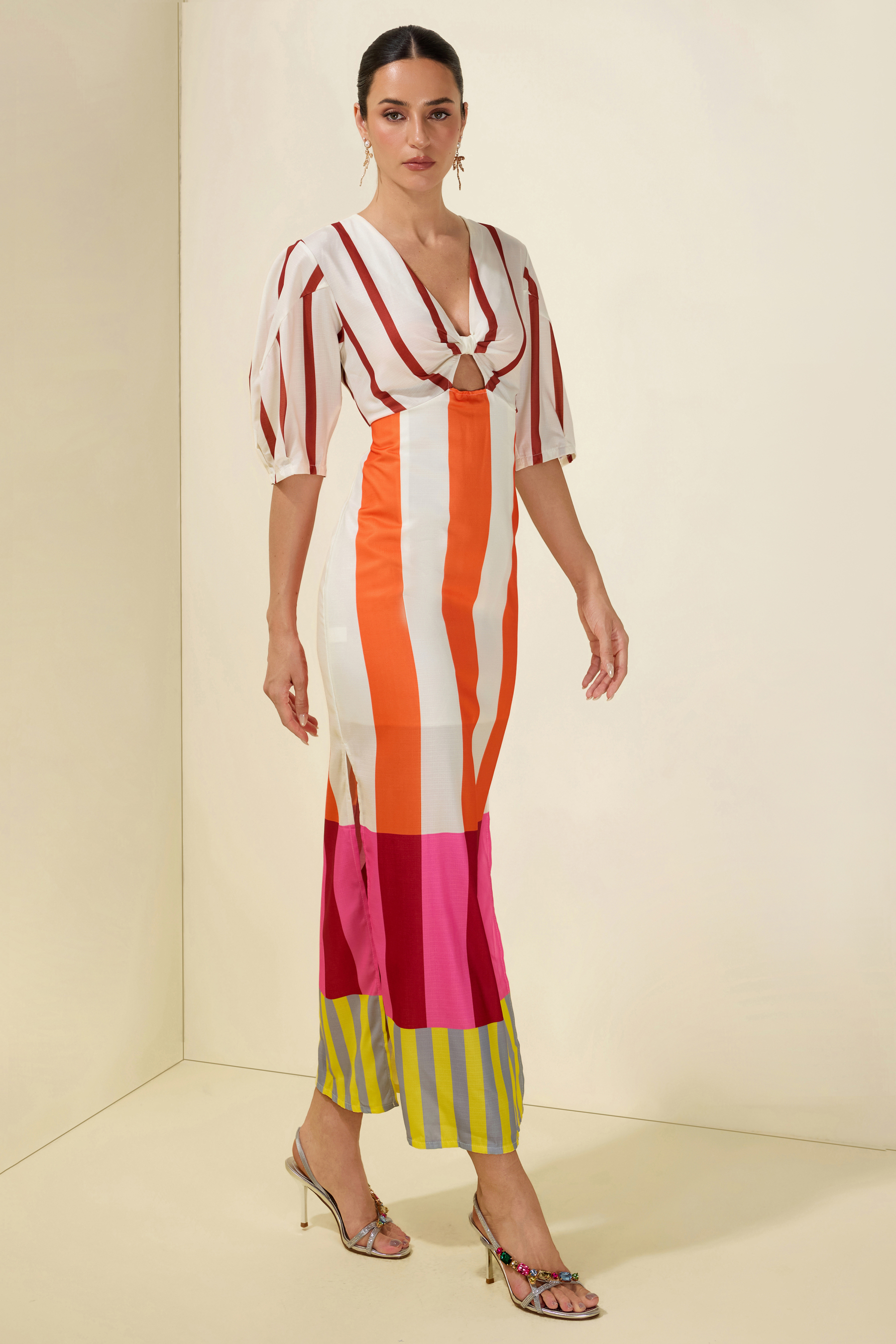 Stripe Knotted Mid Sleeve Midi Dress