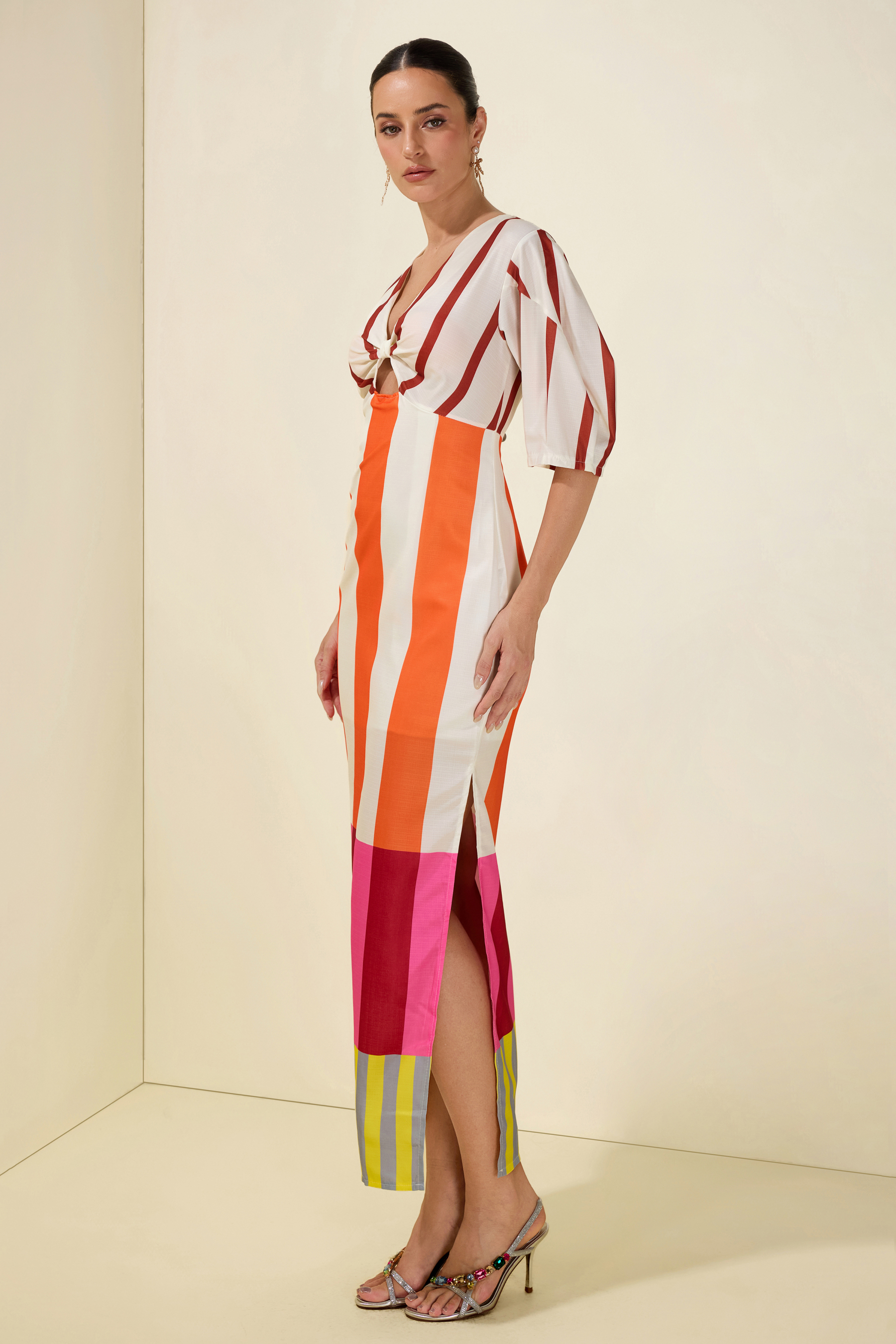 Stripe Knotted Mid Sleeve Midi Dress