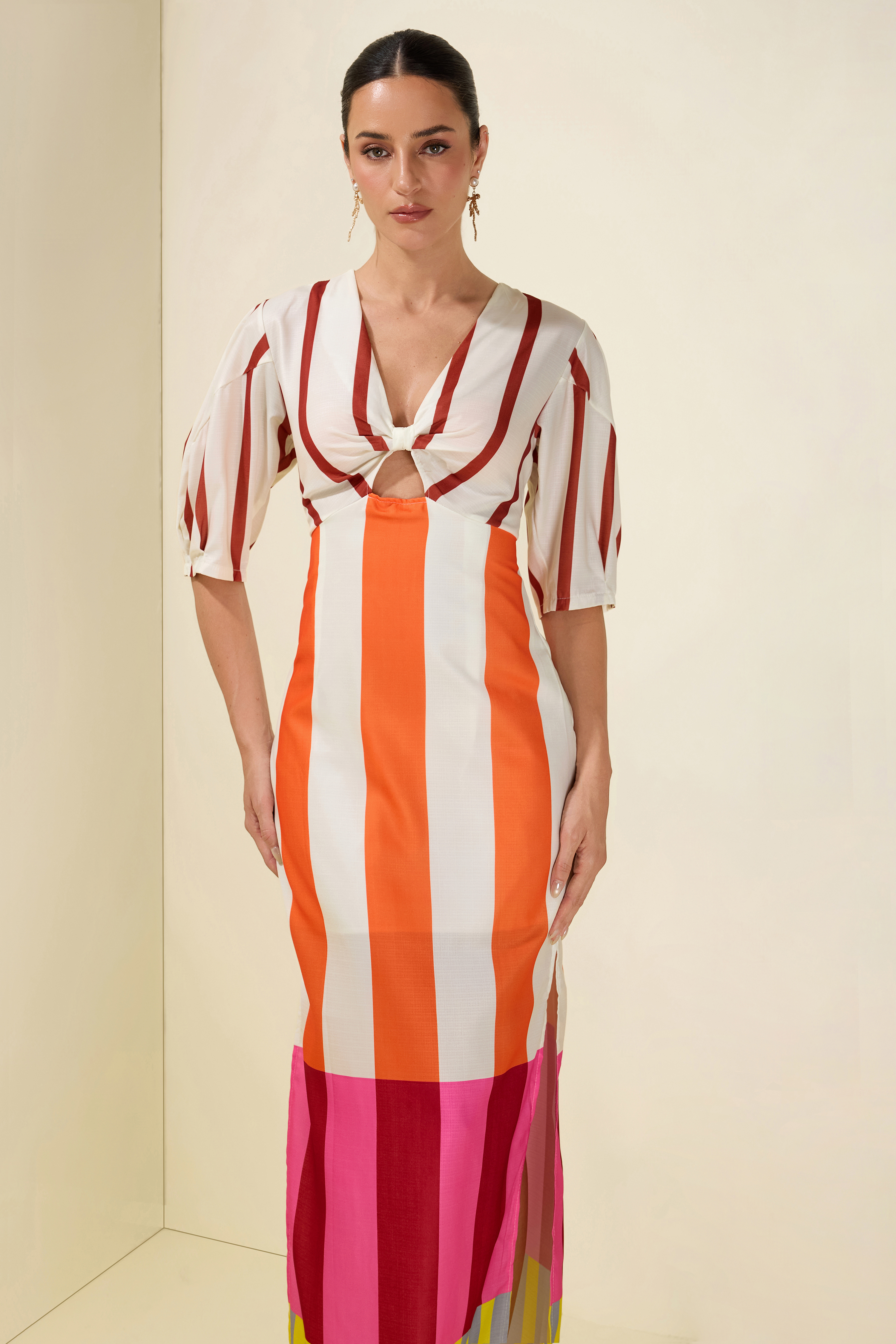 Stripe Knotted Mid Sleeve Midi Dress