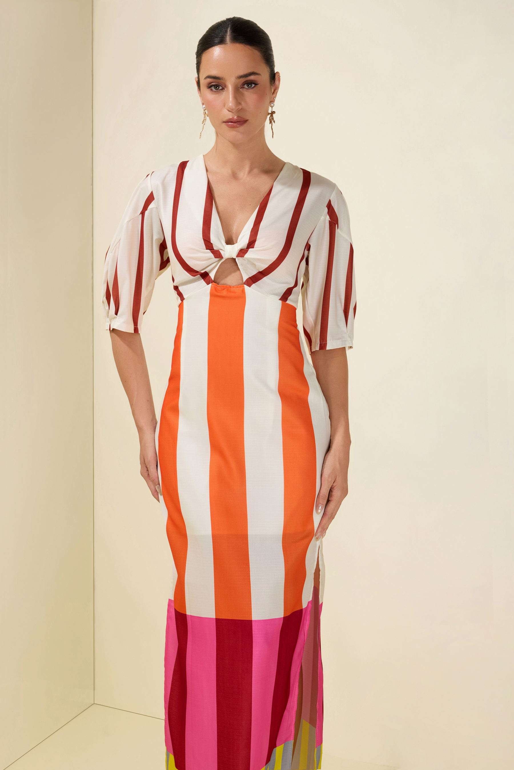 Stripe Knotted Mid Sleeve Midi Dress
