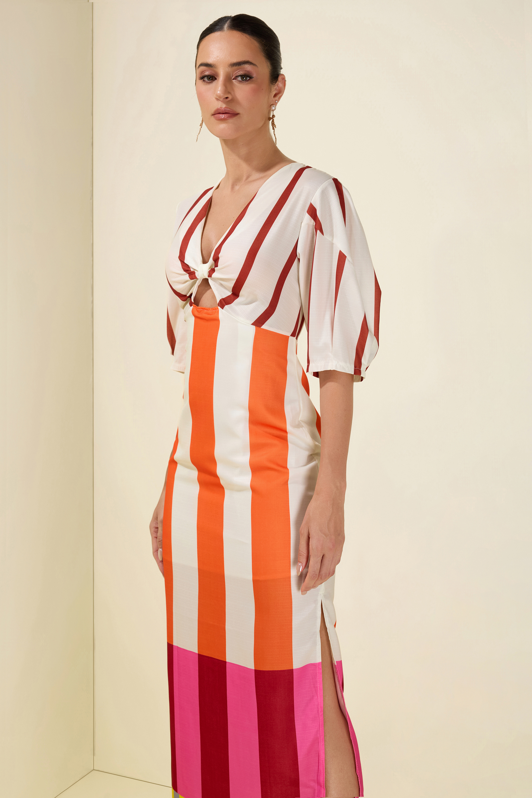 Stripe Knotted Mid Sleeve Midi Dress