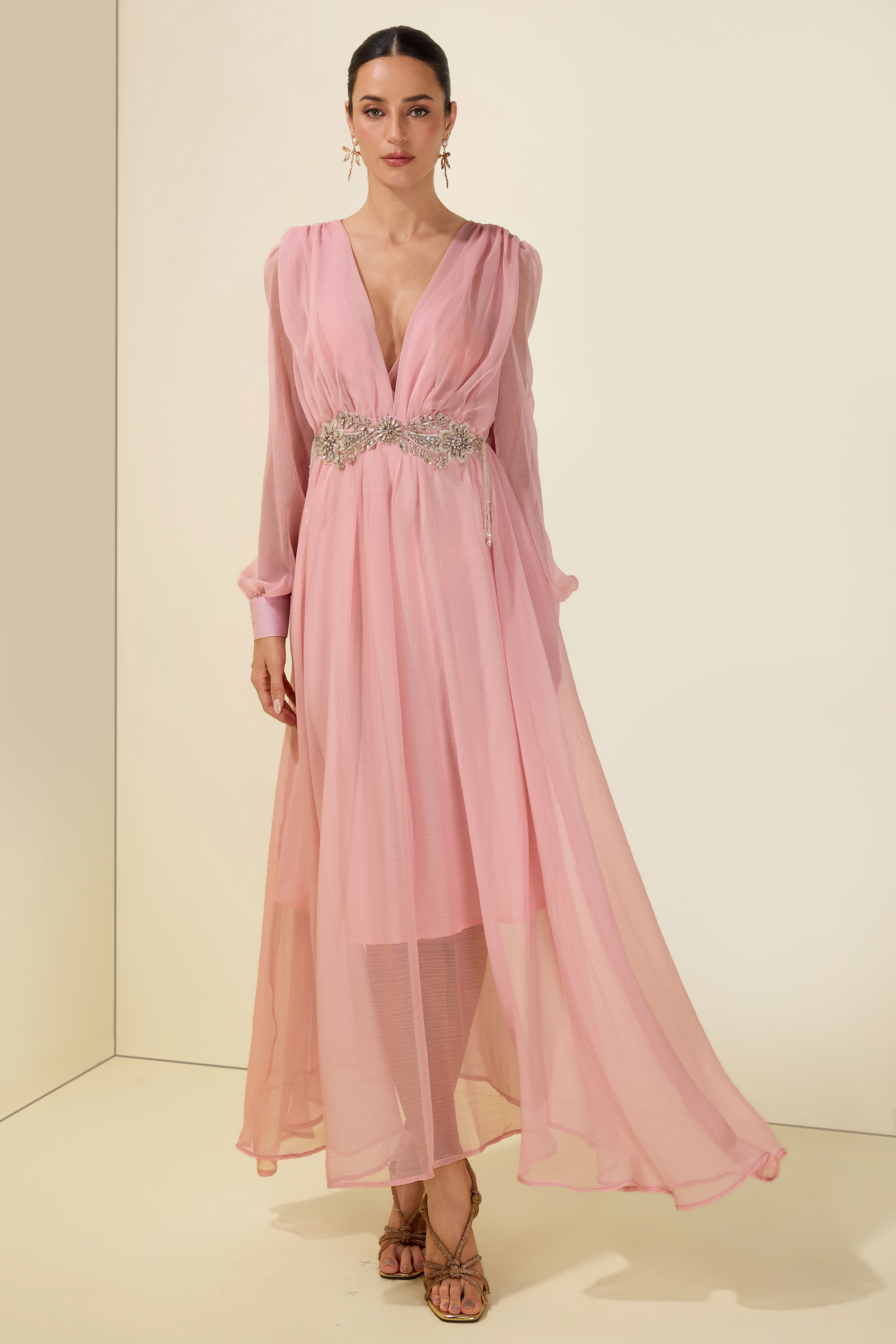Rhinestone Rivets Beaded V-Neck Midi Dress