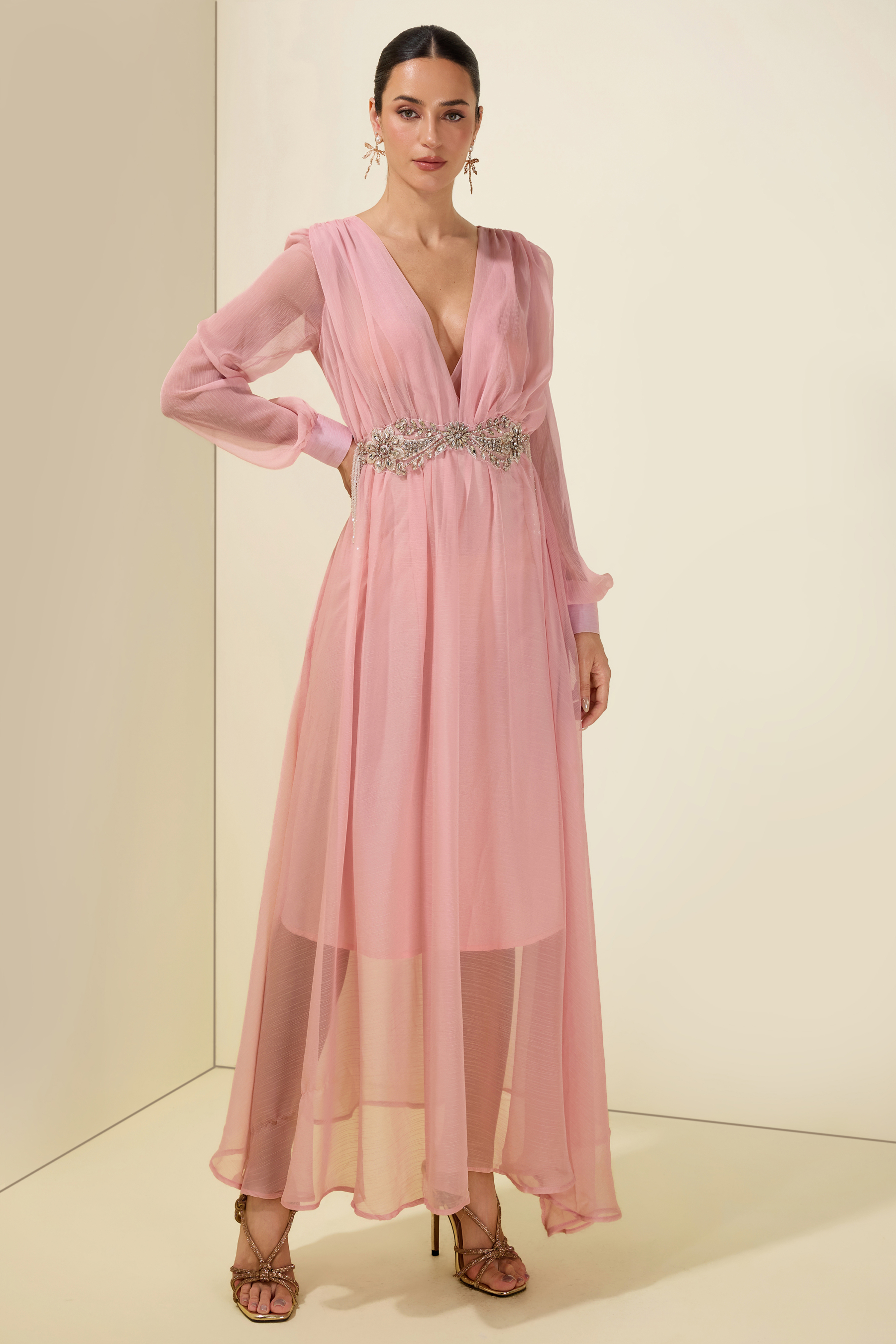 Rhinestone Rivets Beaded V-Neck Midi Dress