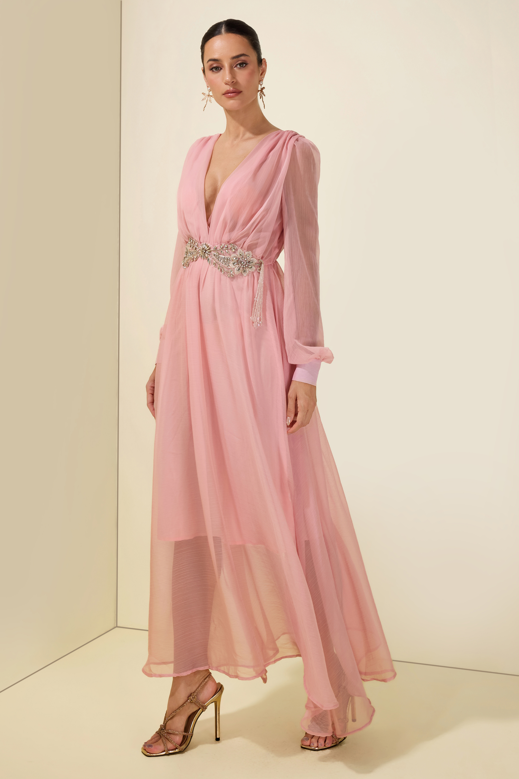Rhinestone Rivets Beaded V-Neck Midi Dress