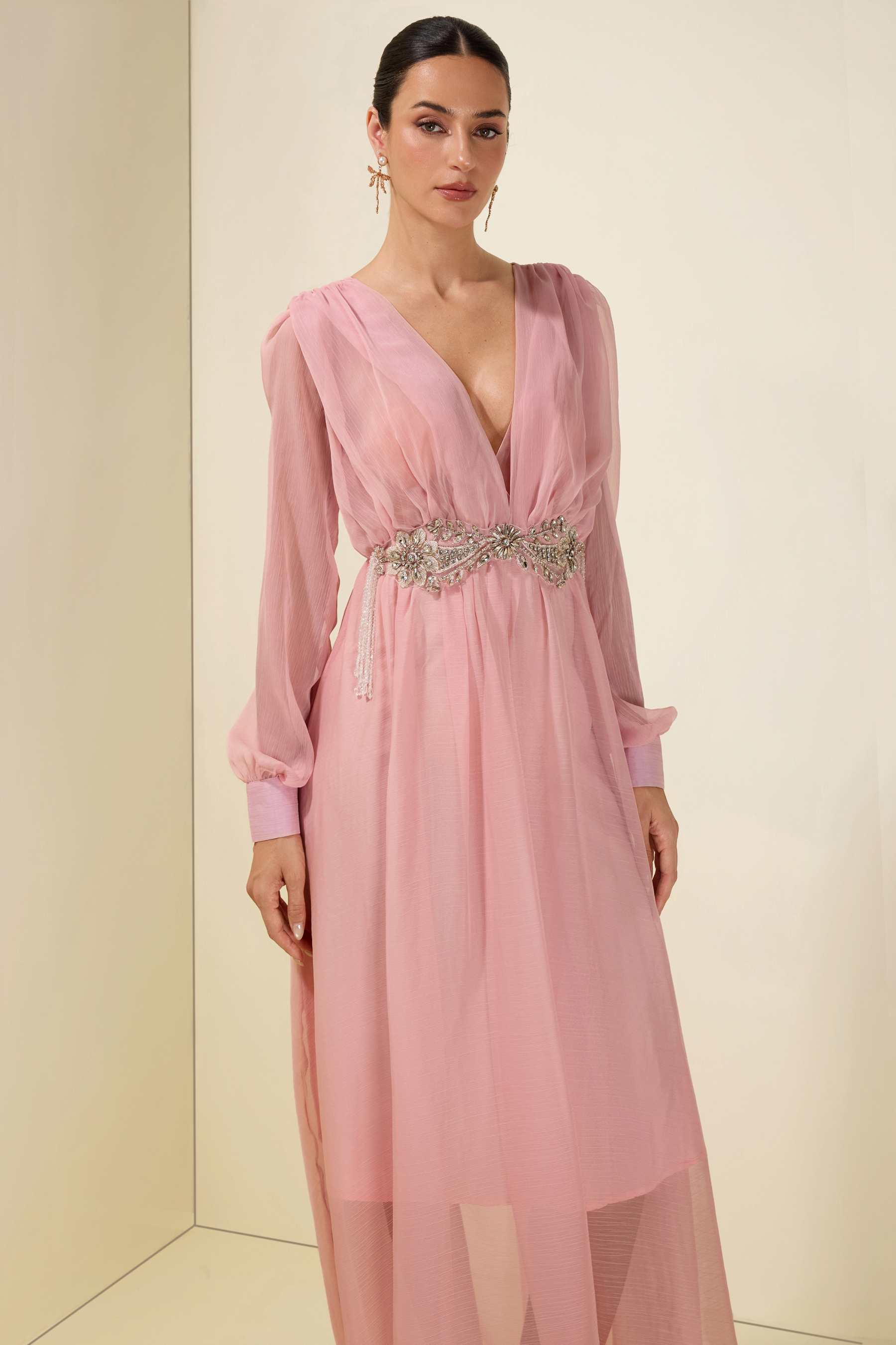 Rhinestone Rivets Beaded V-Neck Midi Dress