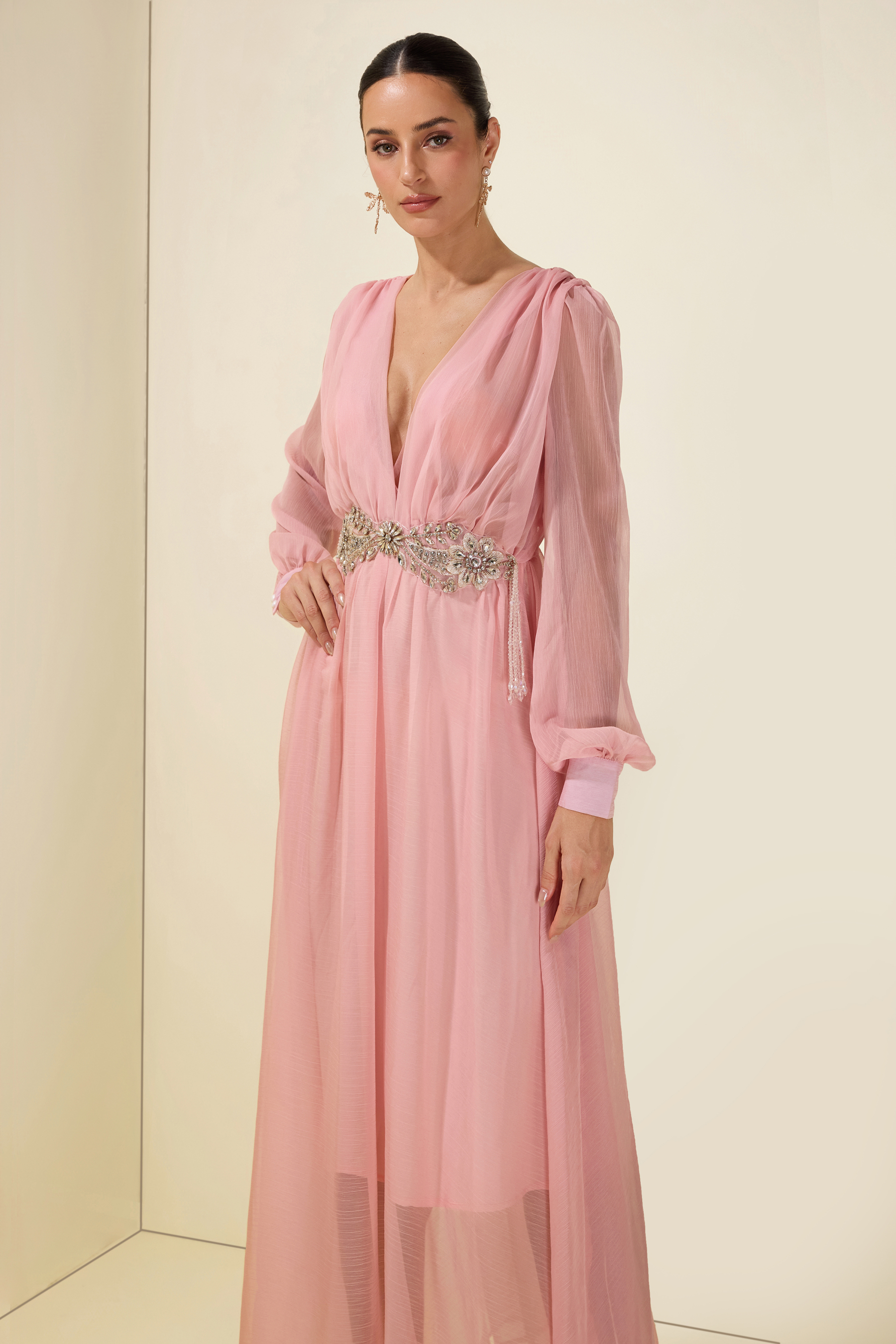 Rhinestone Rivets Beaded V-Neck Midi Dress