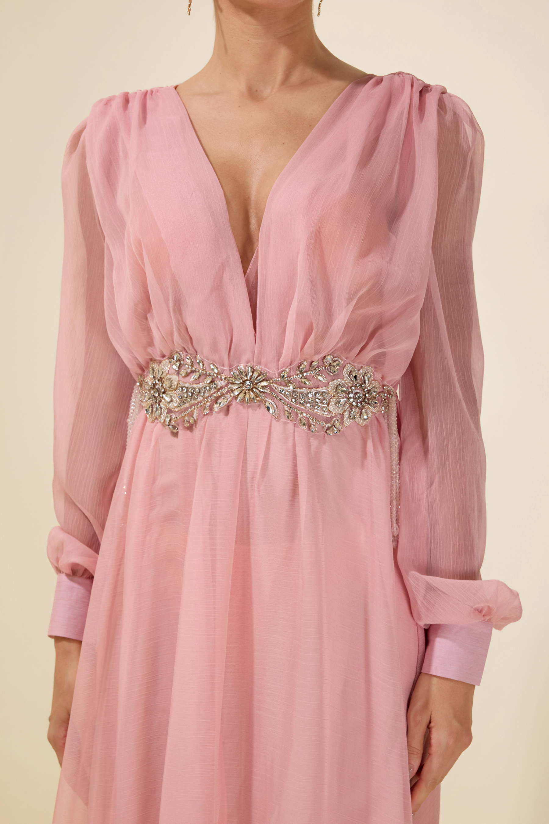 Rhinestone Rivets Beaded V-Neck Midi Dress