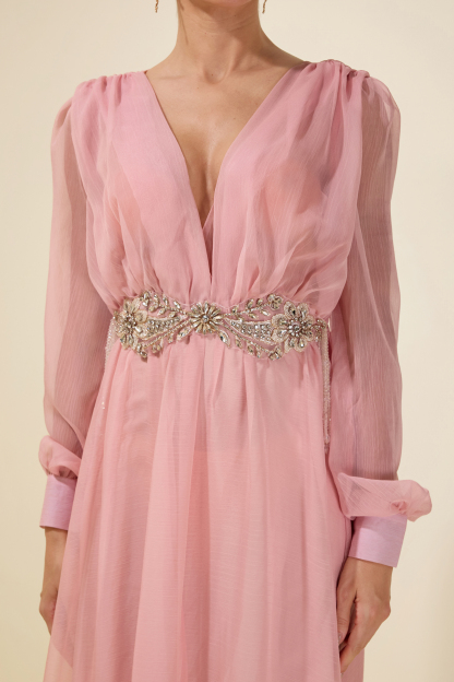 Rhinestone Rivets Beaded V-Neck Midi Dress