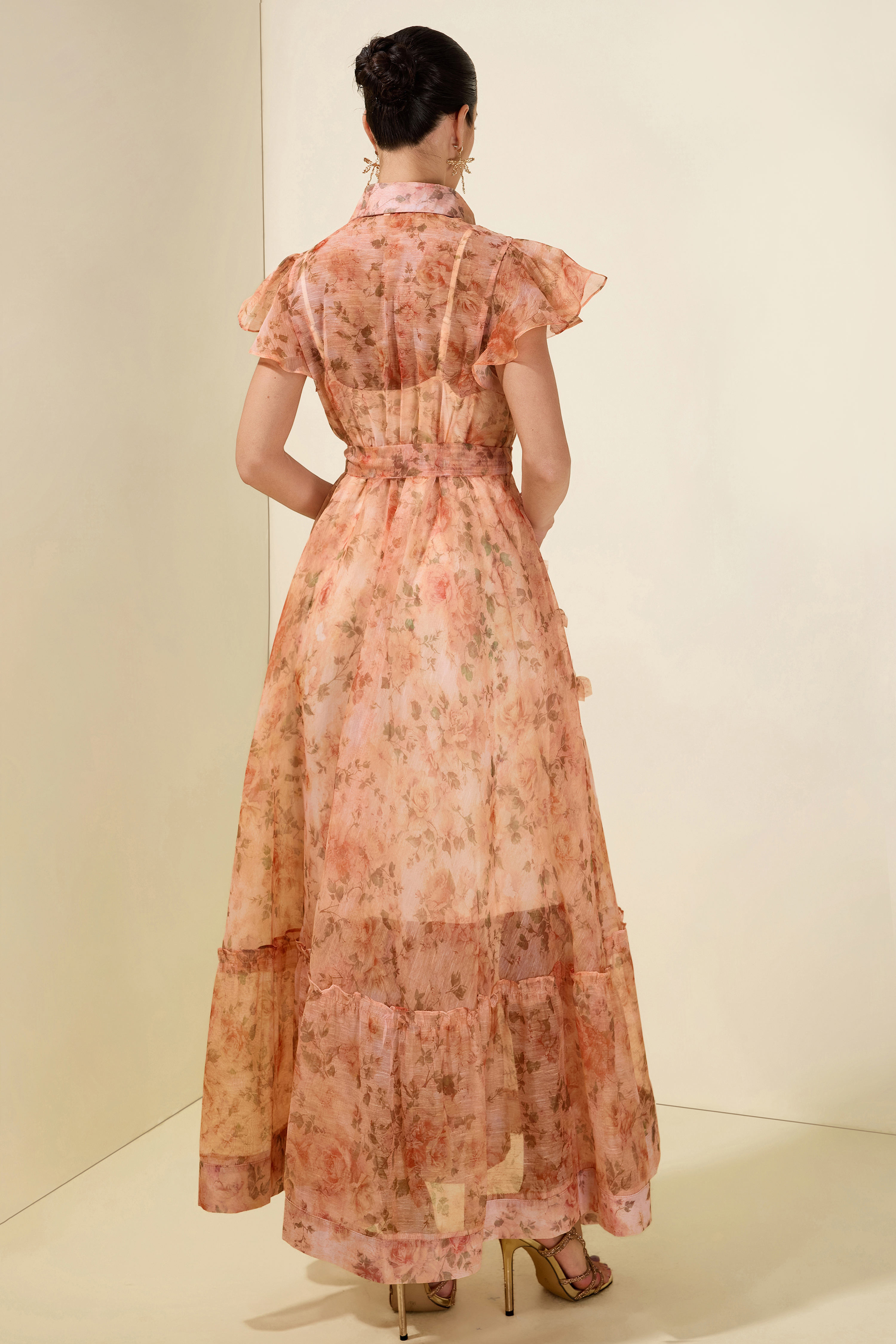 3D Flower Ruffle Button Midi Dress