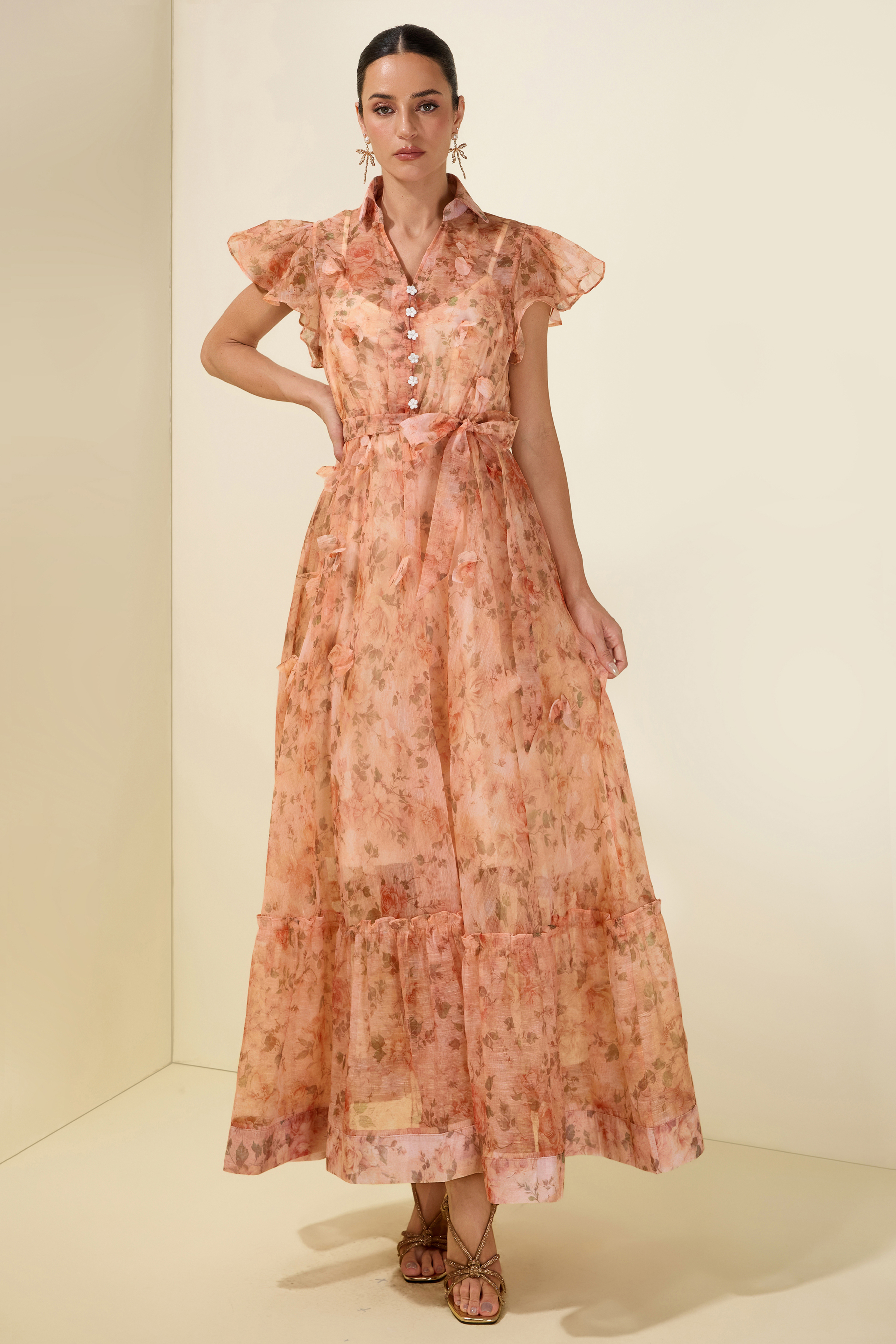 3D Flower Ruffle Button Midi Dress