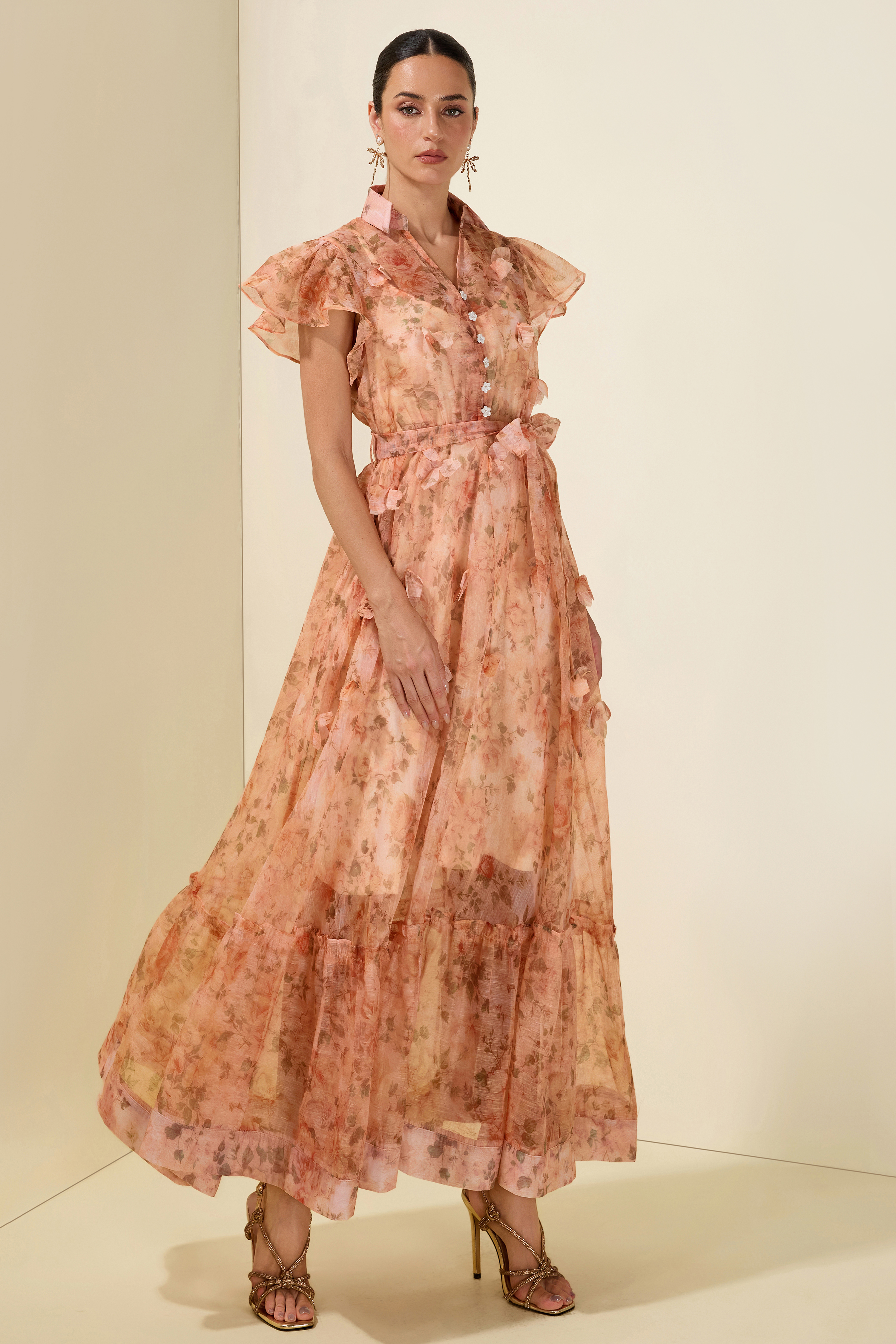 3D Flower Ruffle Button Midi Dress