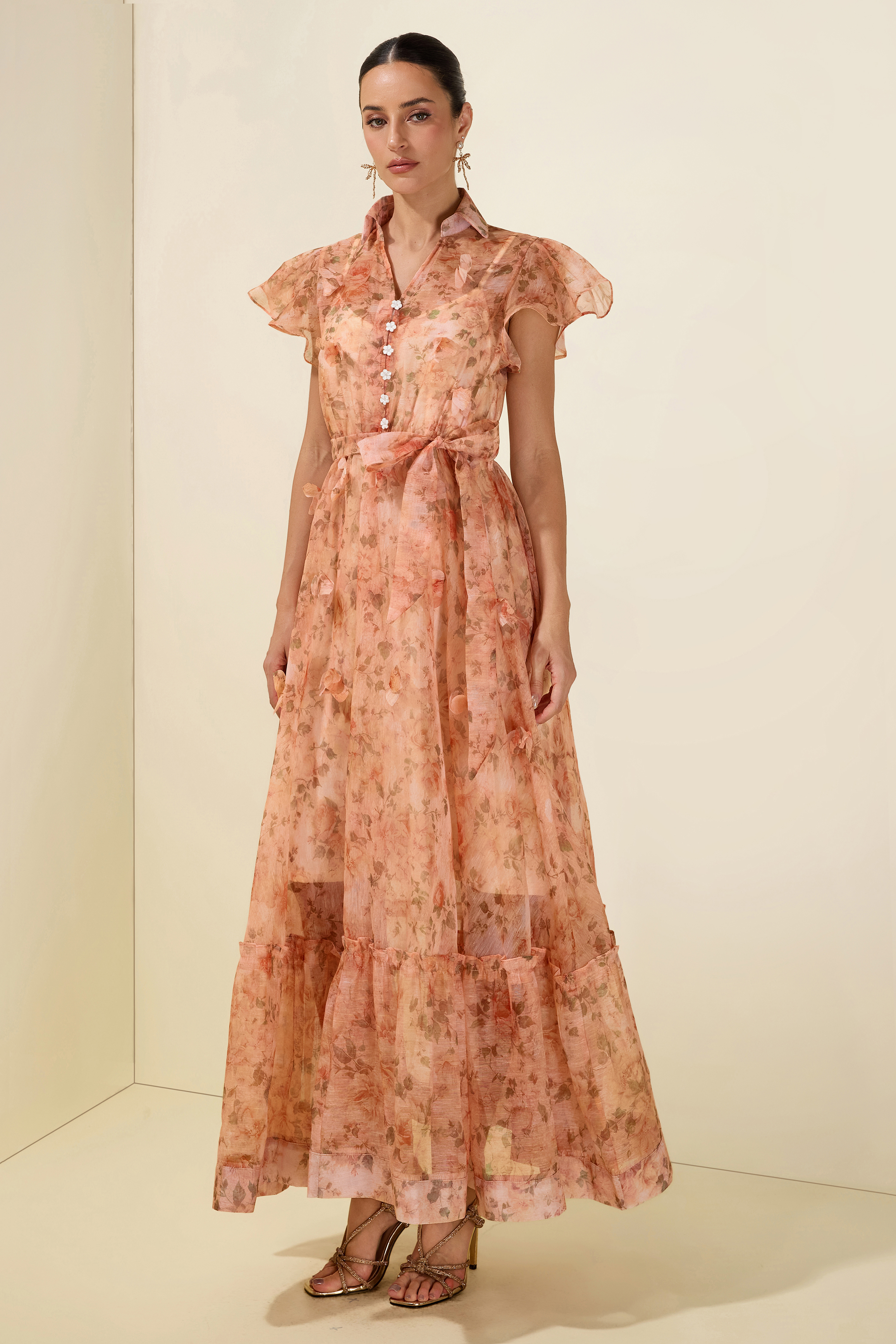 3D Flower Ruffle Button Midi Dress