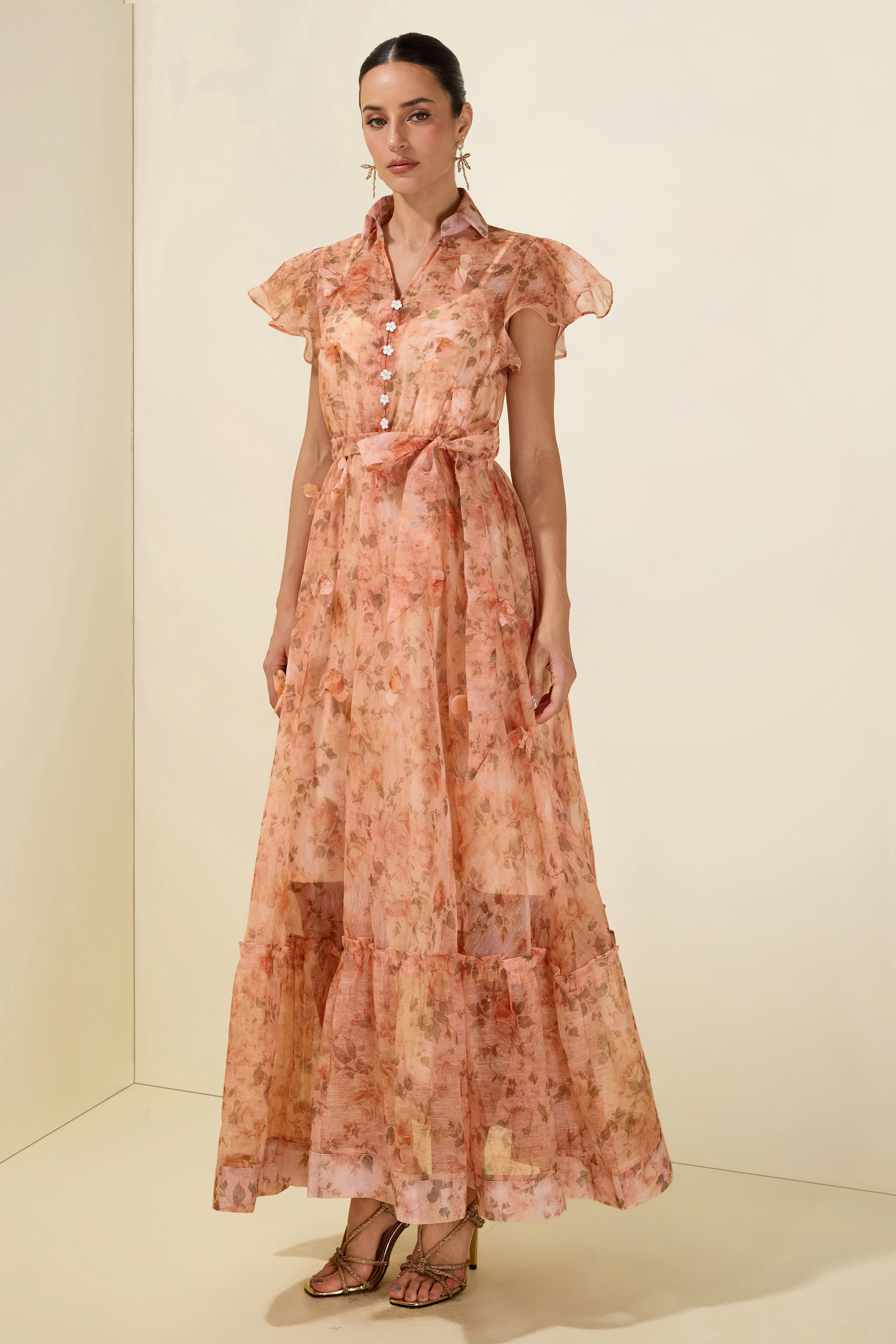 3D Flower Ruffle Button Midi Dress