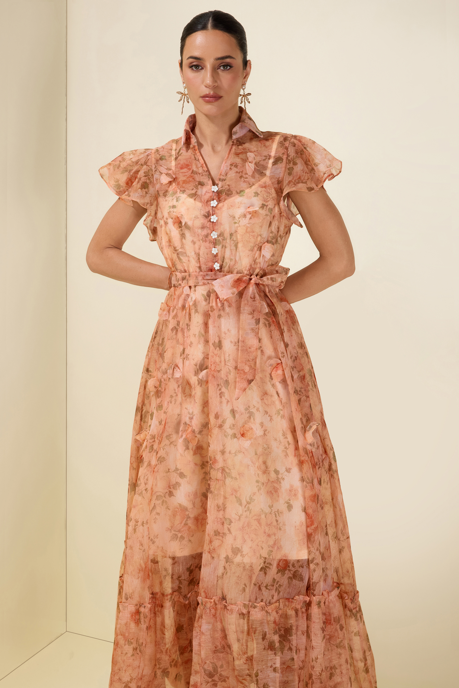 3D Flower Ruffle Button Midi Dress