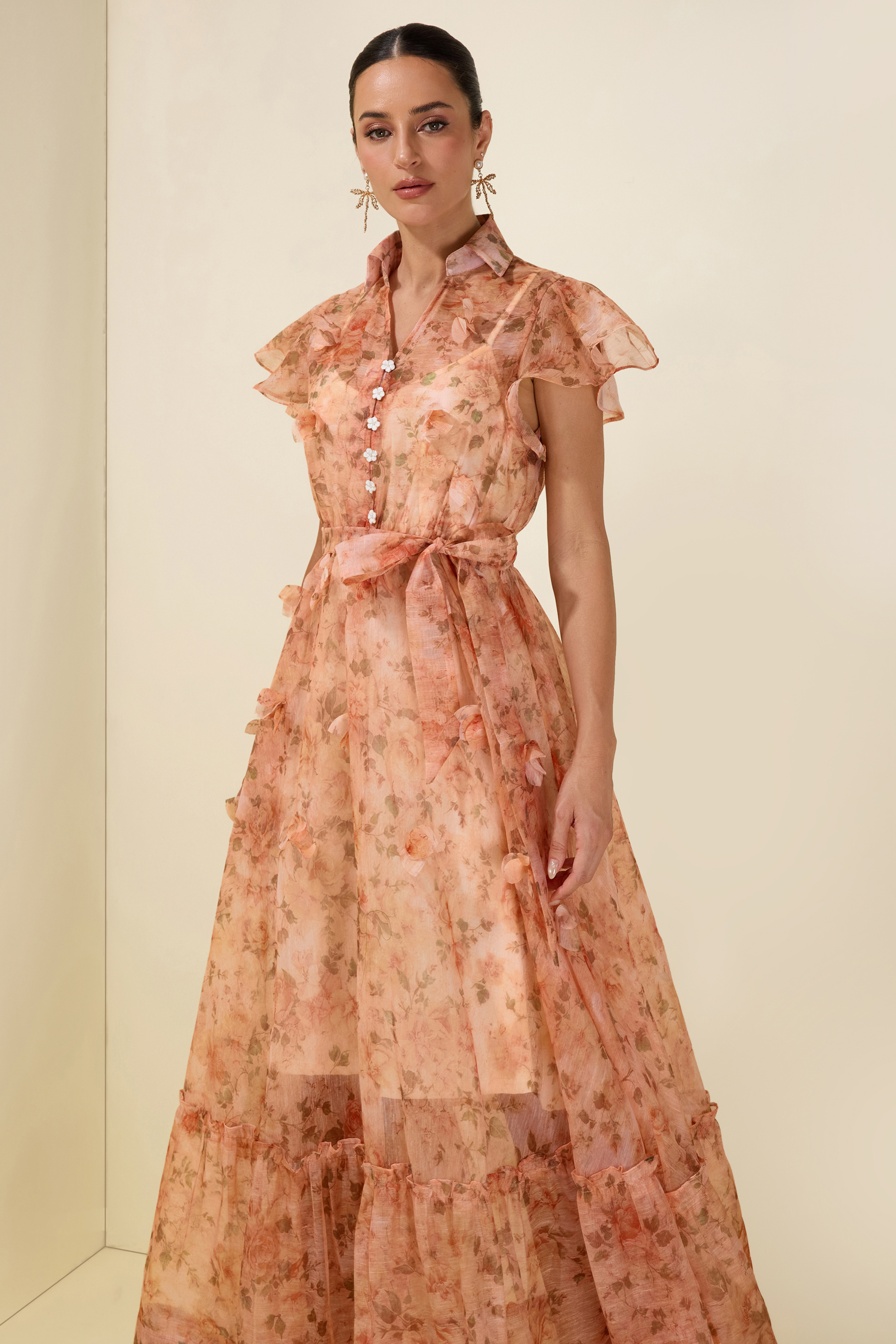 3D Flower Ruffle Button Midi Dress