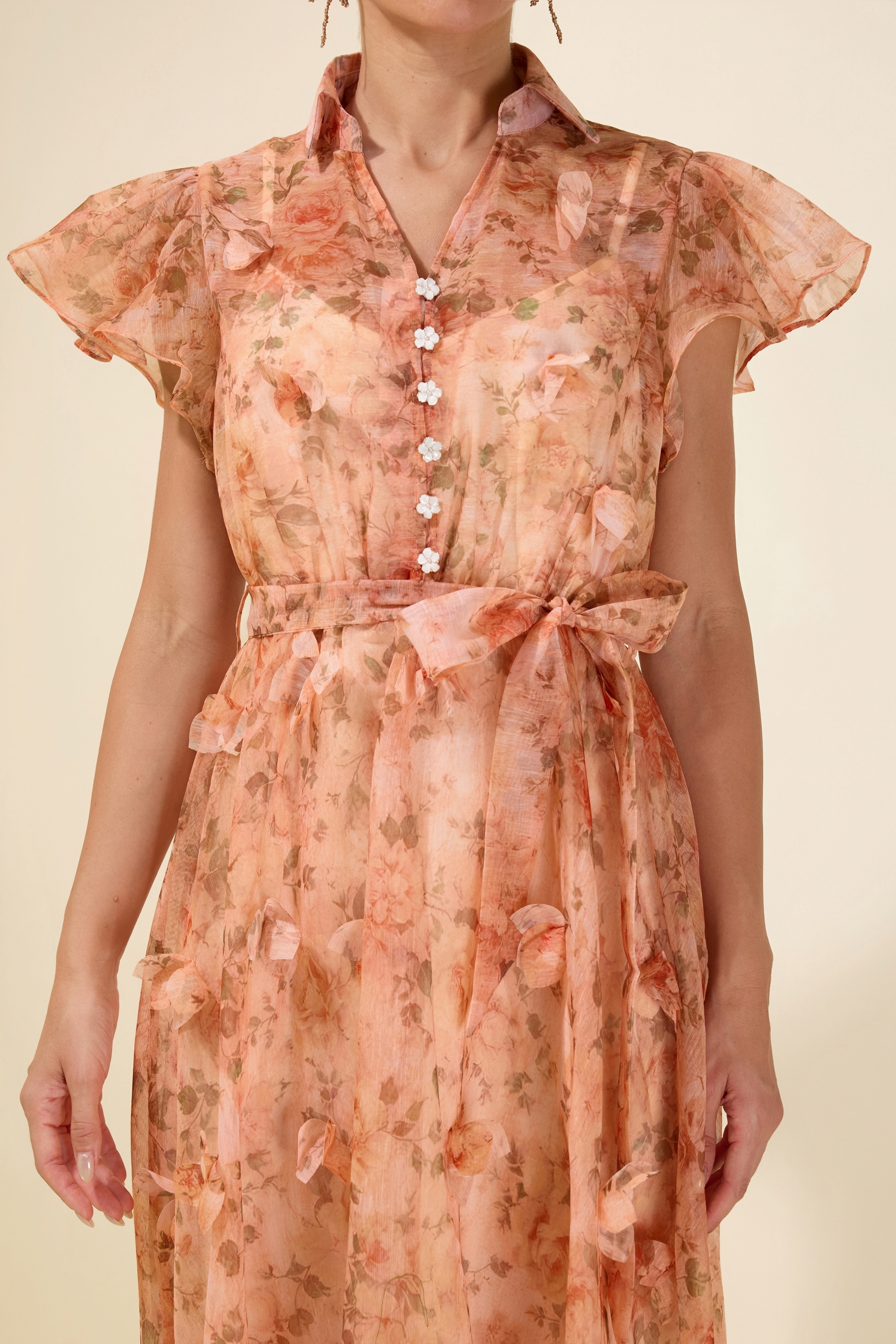 3D Flower Ruffle Button Midi Dress