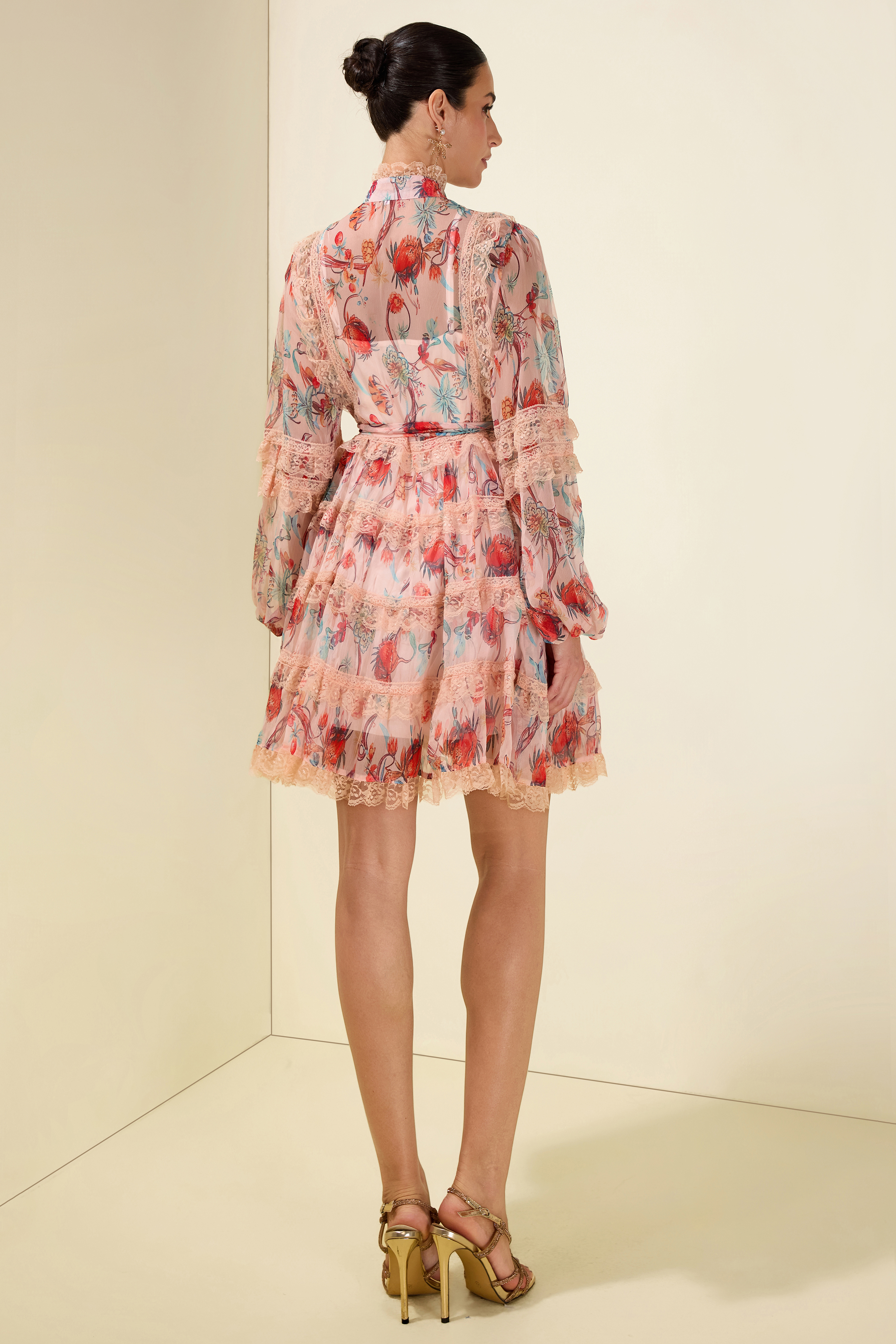 Floral Stand Collar Puff Sleeve Midi Dress