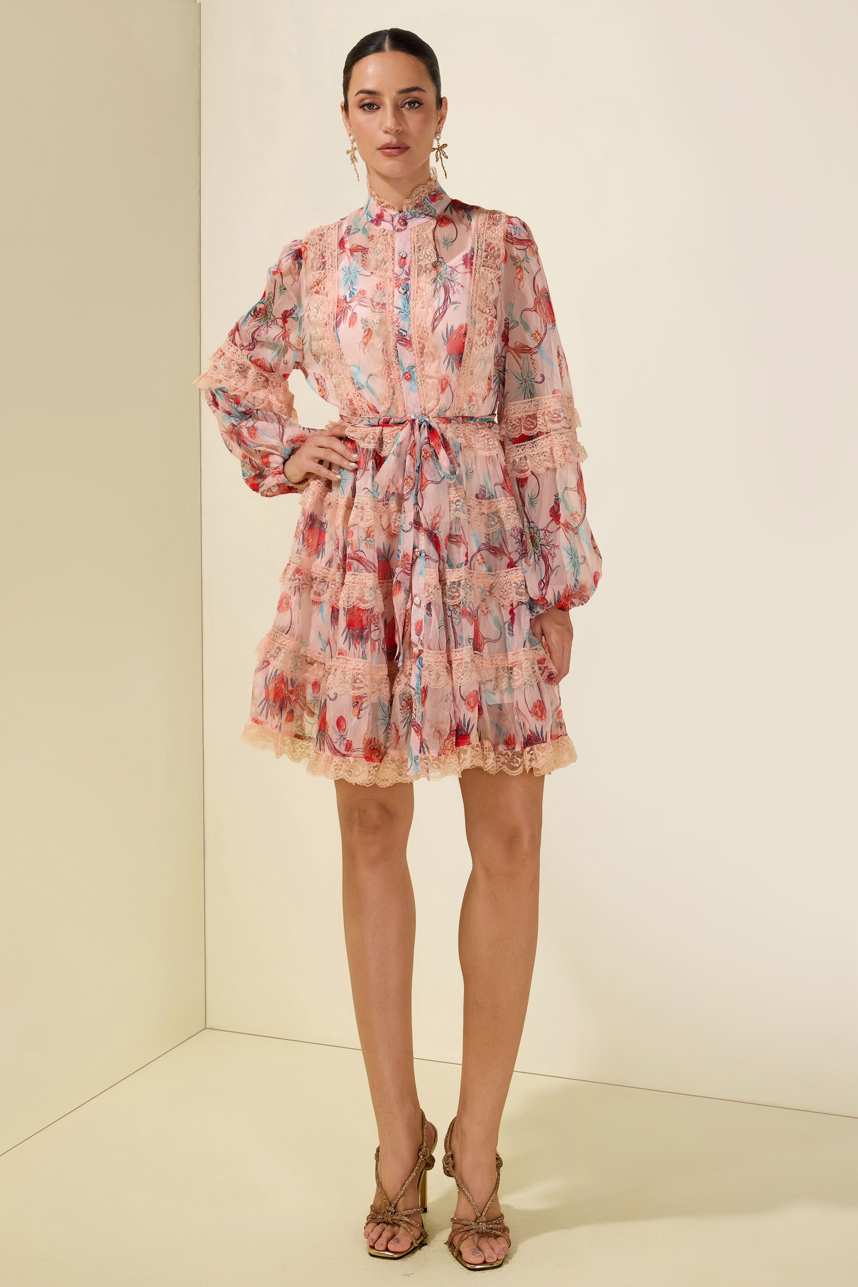 Floral Stand Collar Puff Sleeve Midi Dress