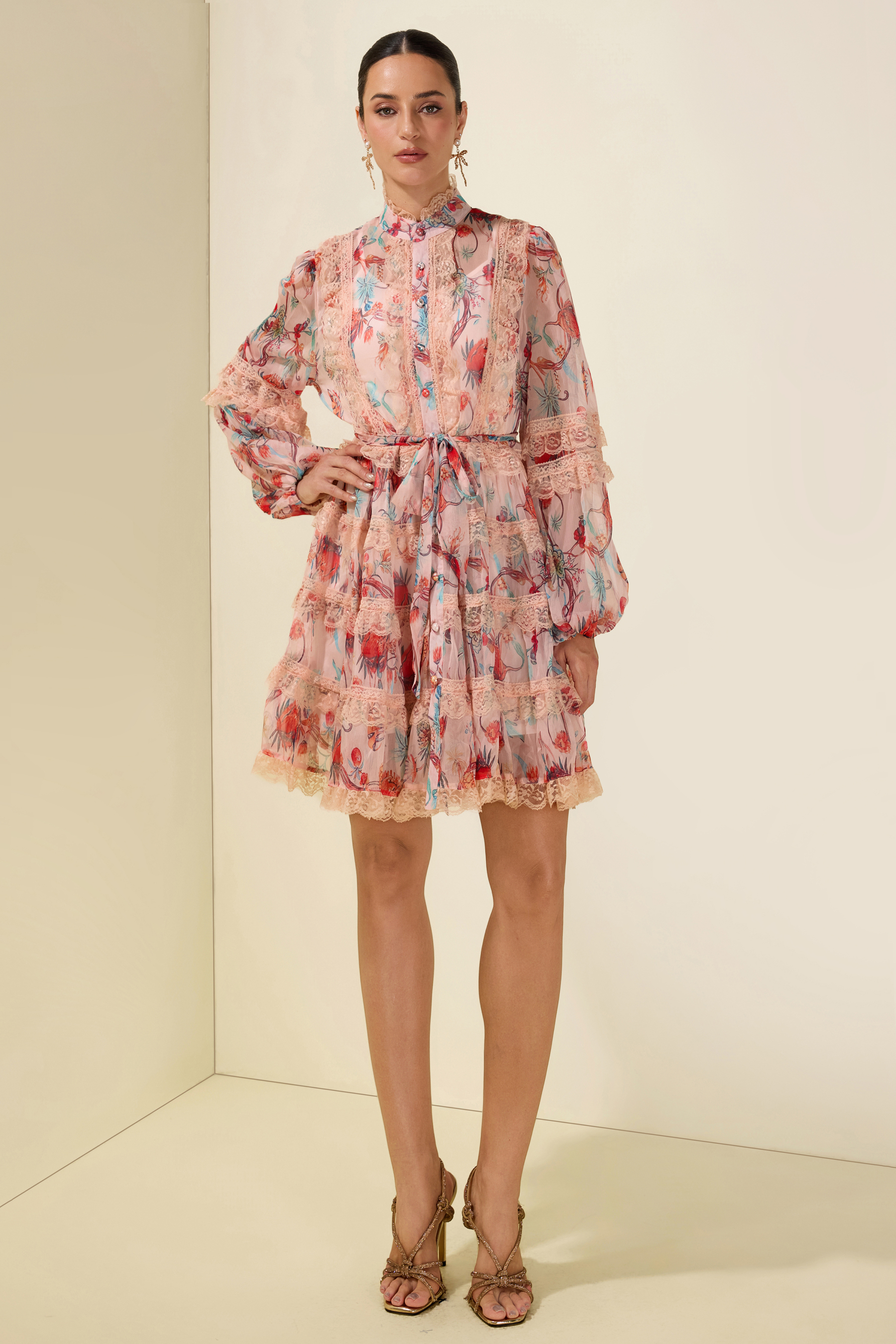 Floral Stand Collar Puff Sleeve Midi Dress