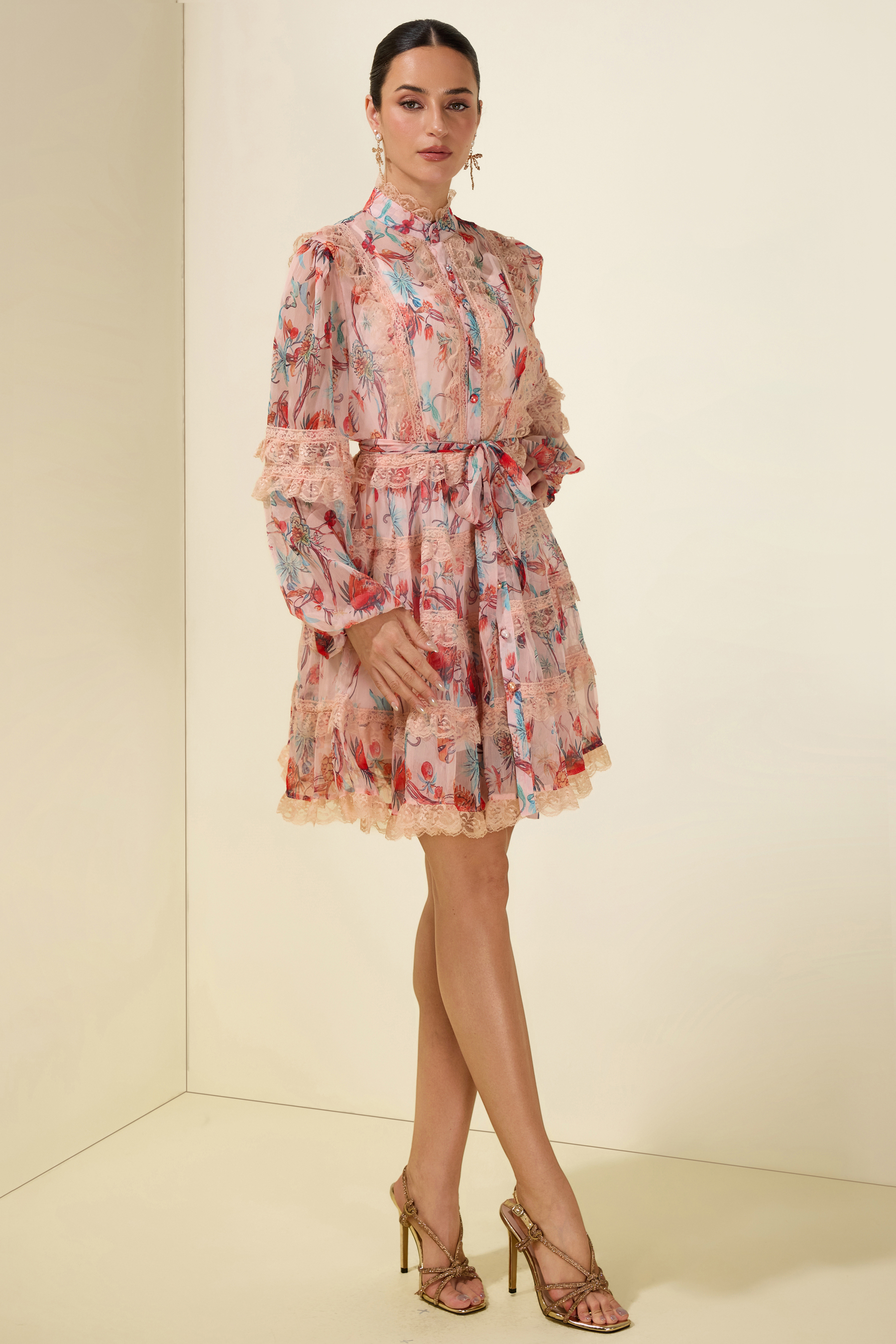 Floral Stand Collar Puff Sleeve Midi Dress