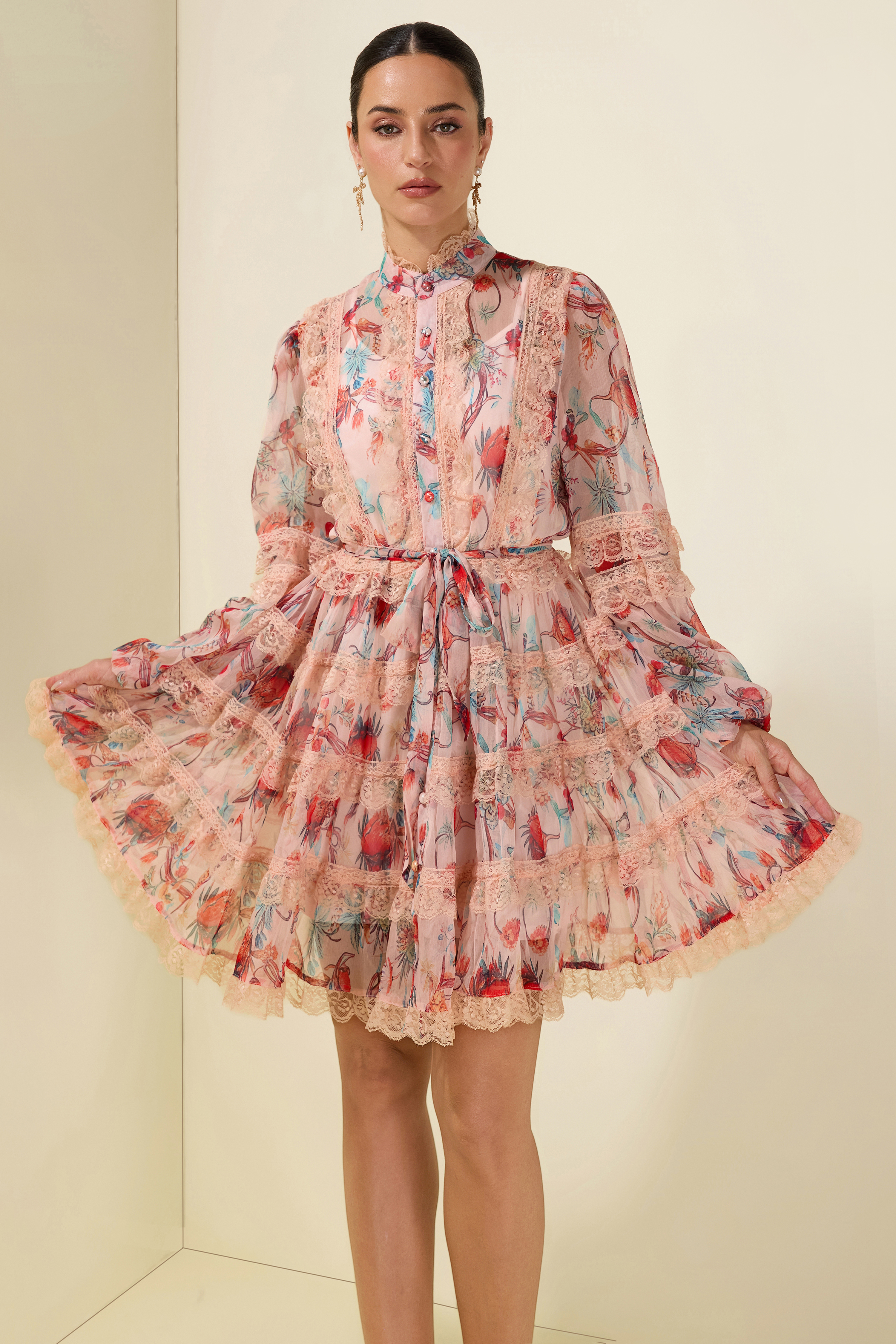 Floral Stand Collar Puff Sleeve Midi Dress