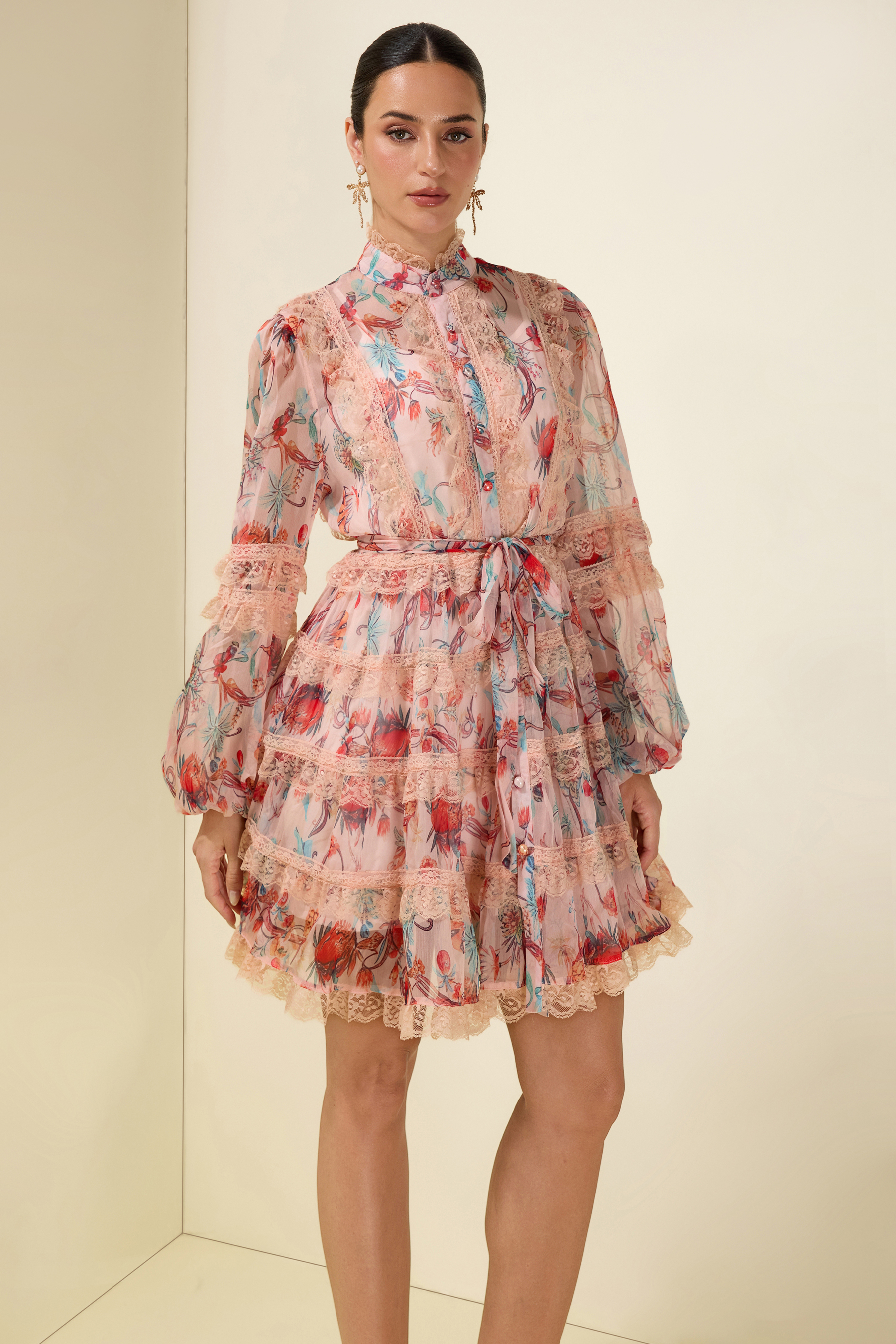 Floral Stand Collar Puff Sleeve Midi Dress