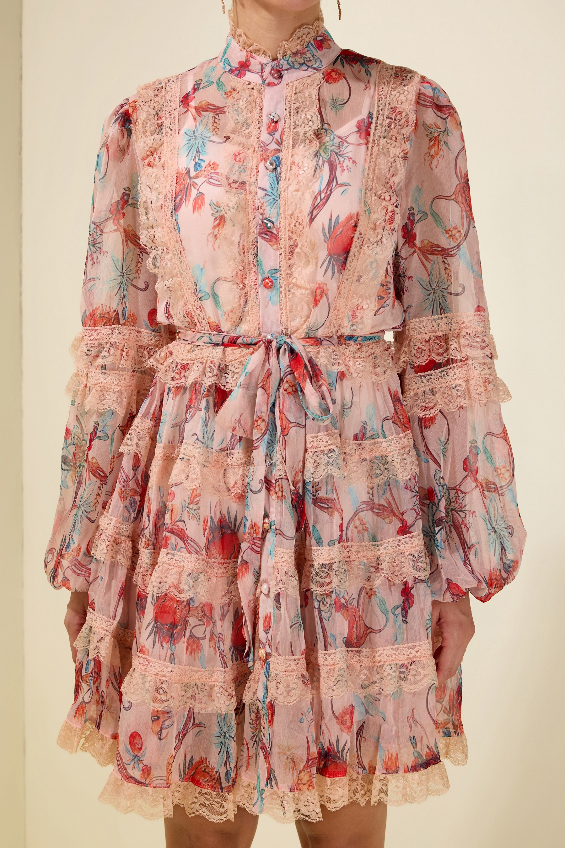 Floral Stand Collar Puff Sleeve Midi Dress