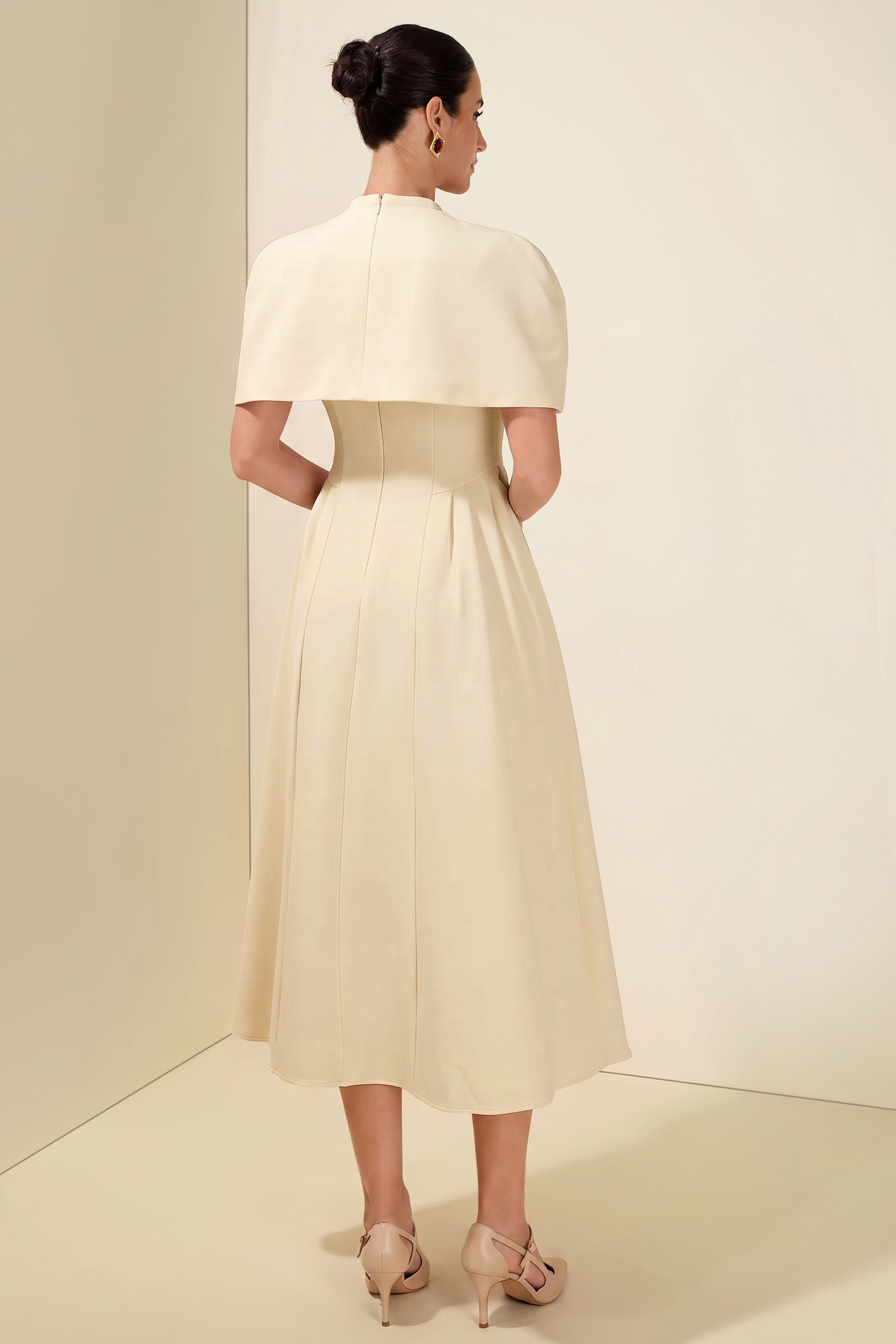 V-Neck Ruched Midi Dress With Cape