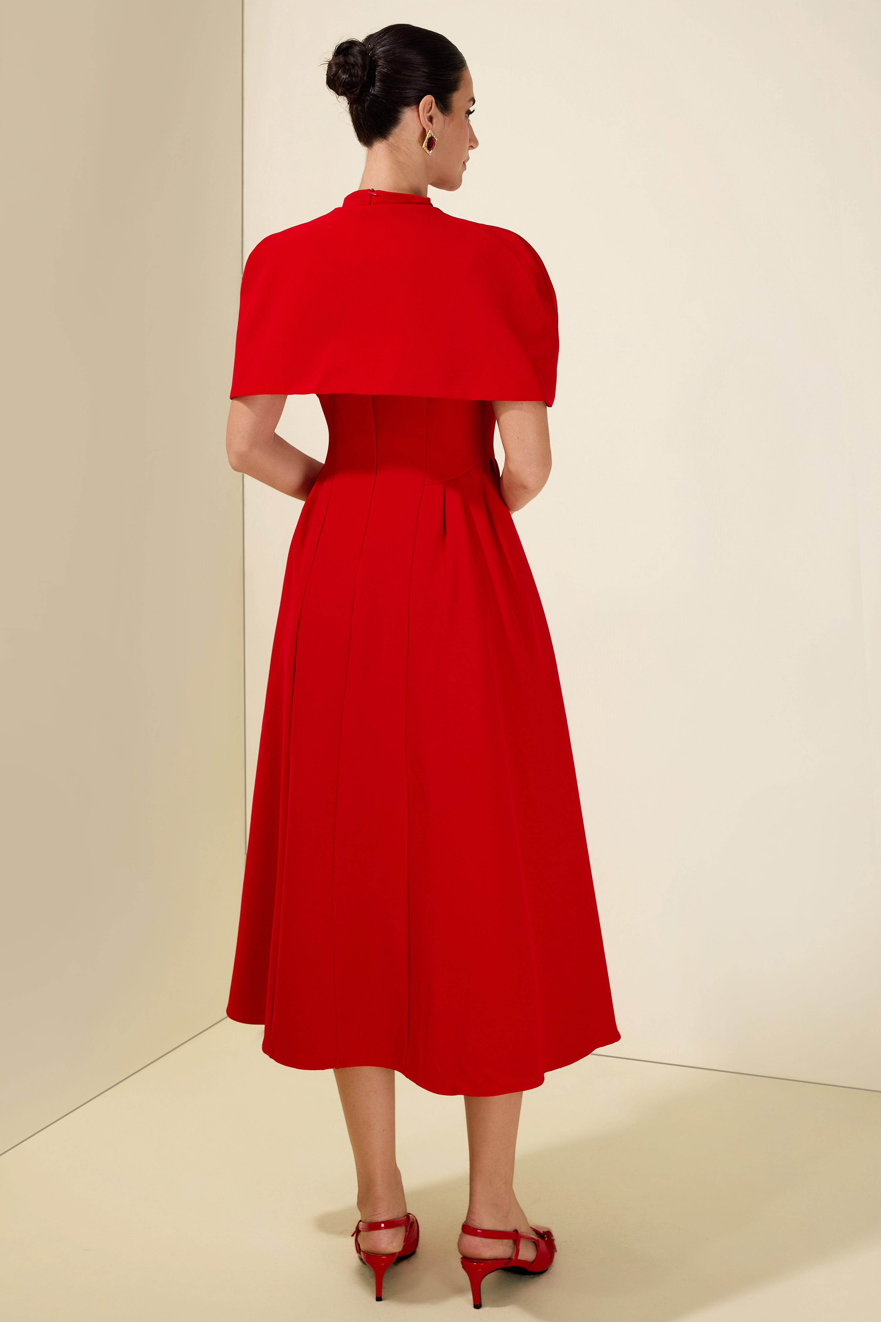 V-Neck Ruched Midi Dress With Cape