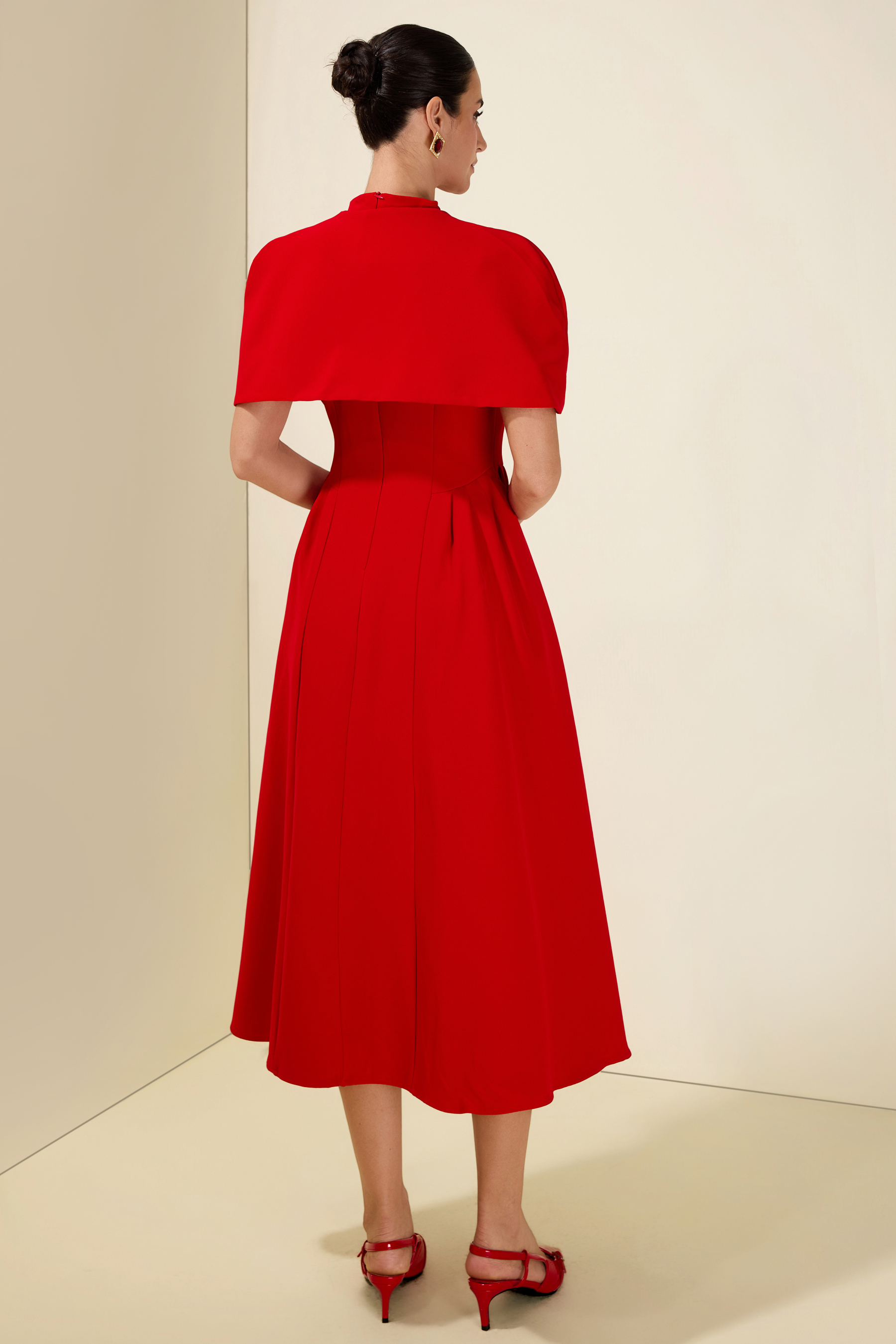 V-Neck Ruched Midi Dress With Cape