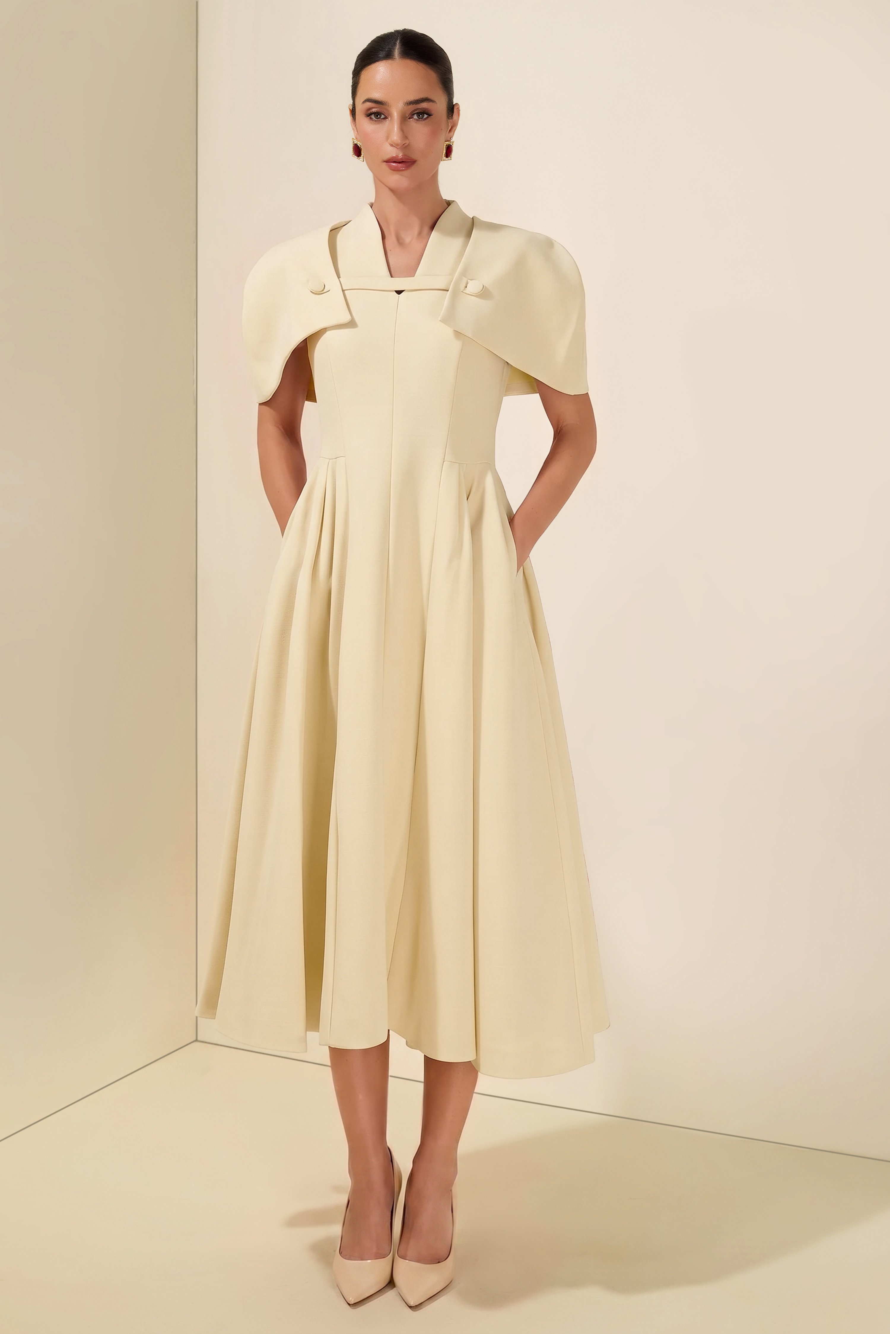 V-Neck Ruched Midi Dress With Cape