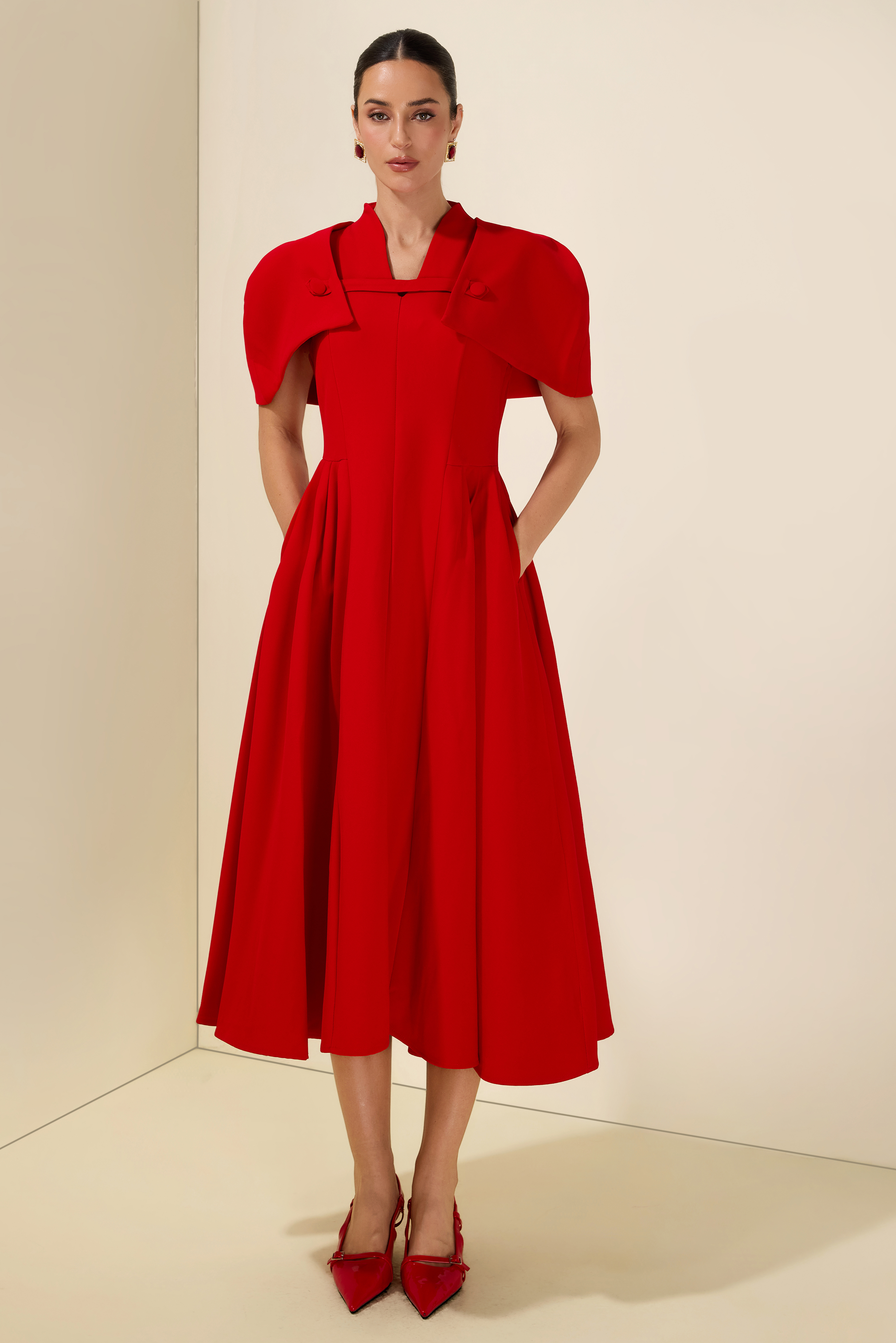 V-Neck Ruched Midi Dress With Cape