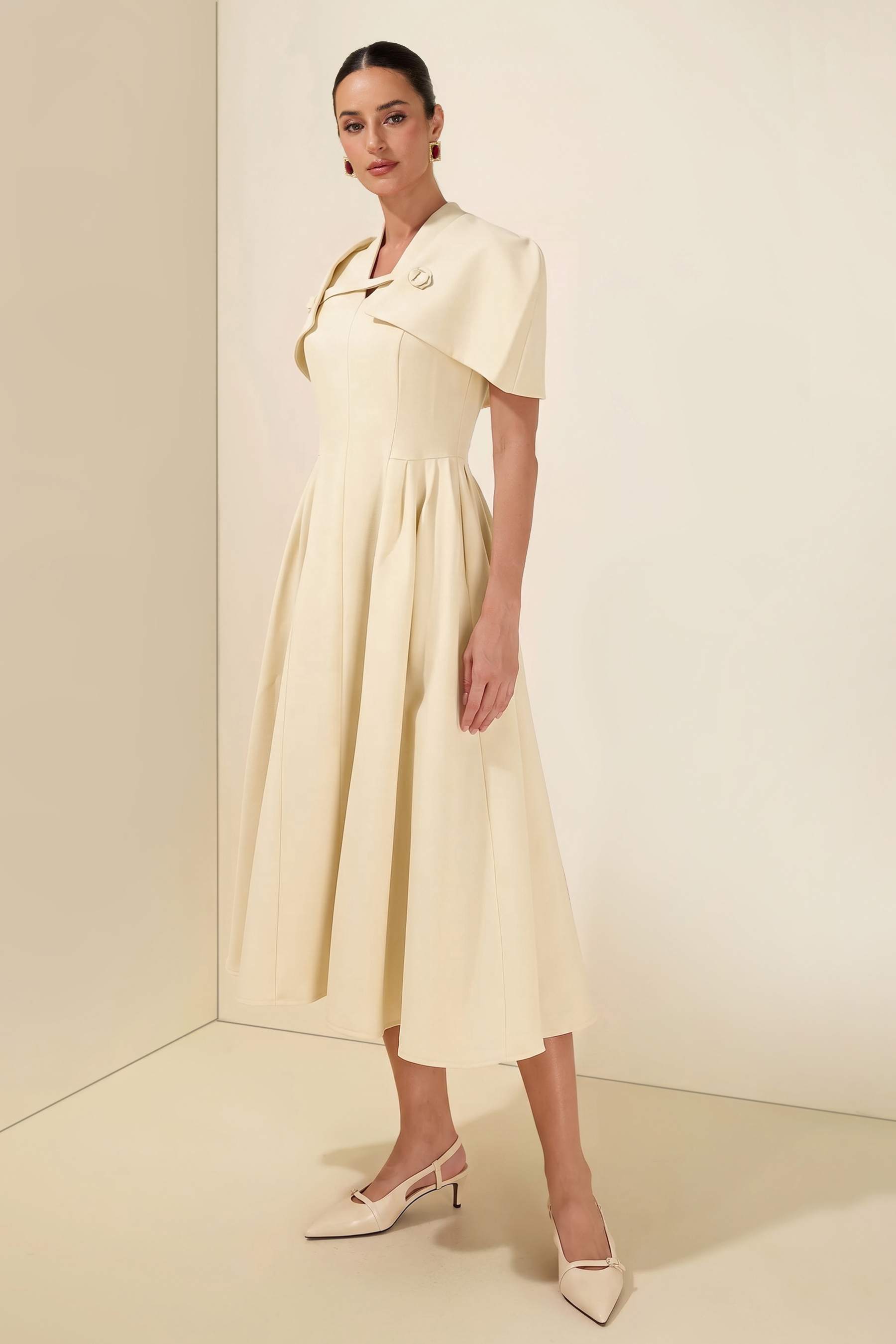 V-Neck Ruched Midi Dress With Cape